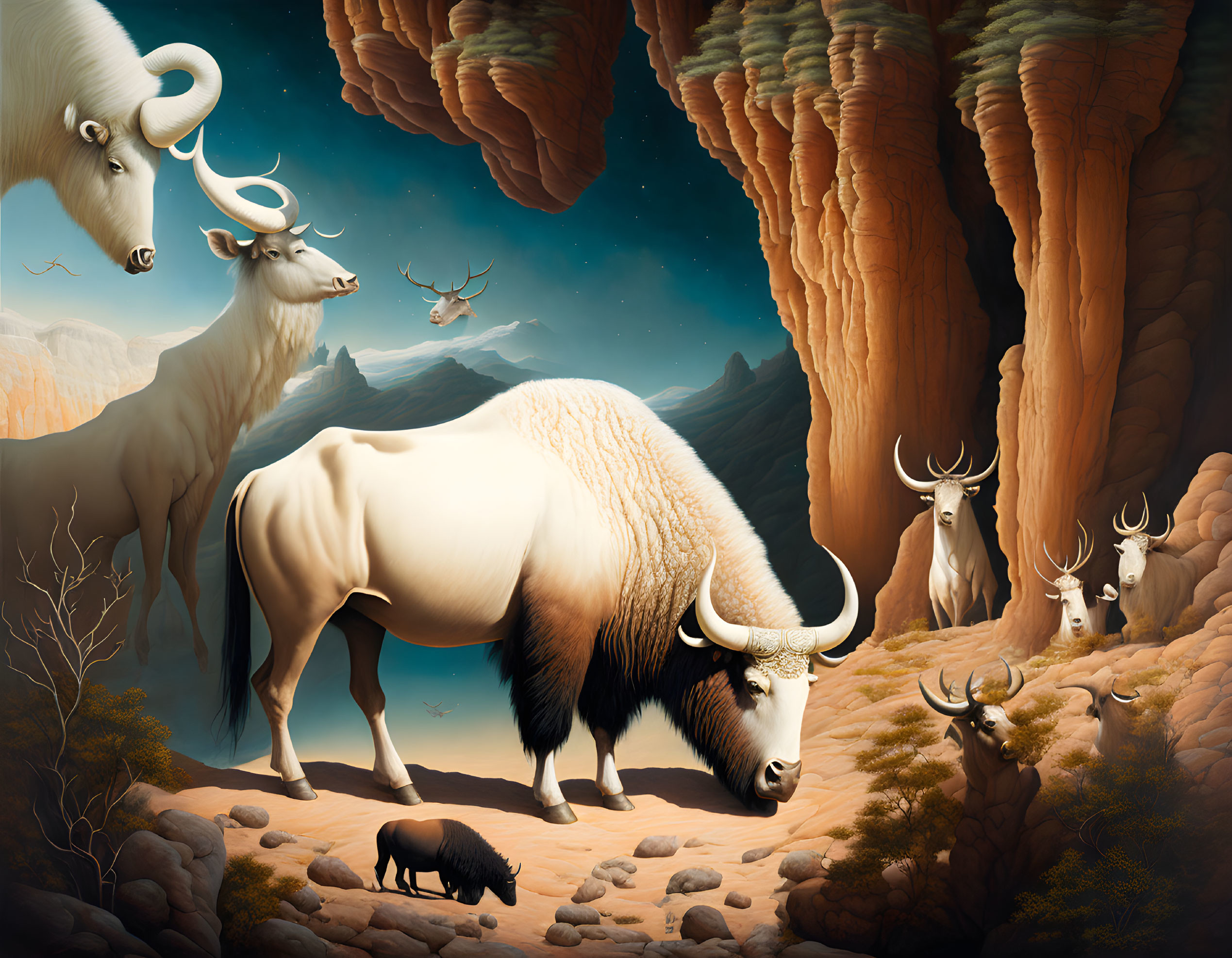 Surreal landscape with goats, yak, and rock formations