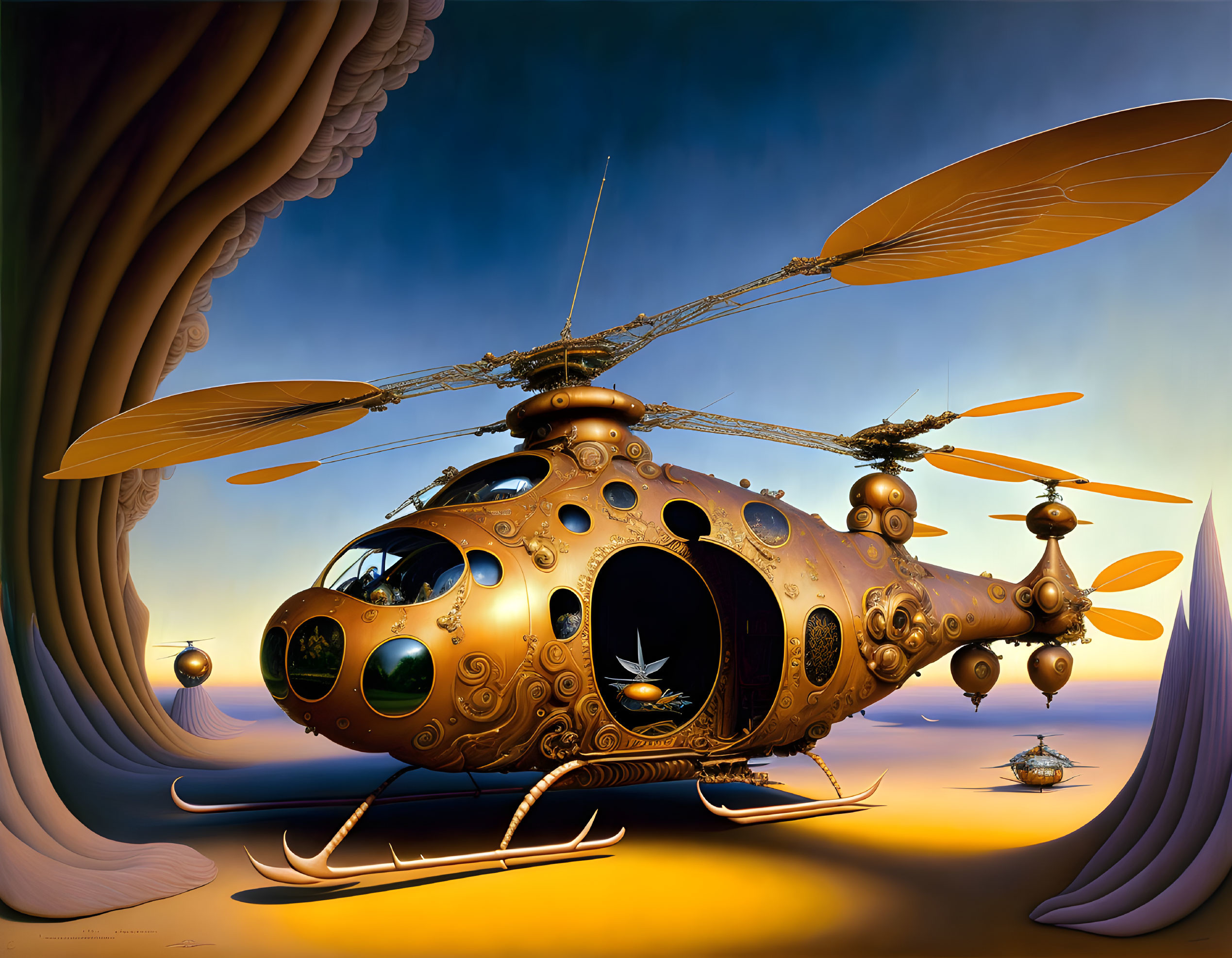 Steampunk-style helicopter in surreal landscape with swirling clouds