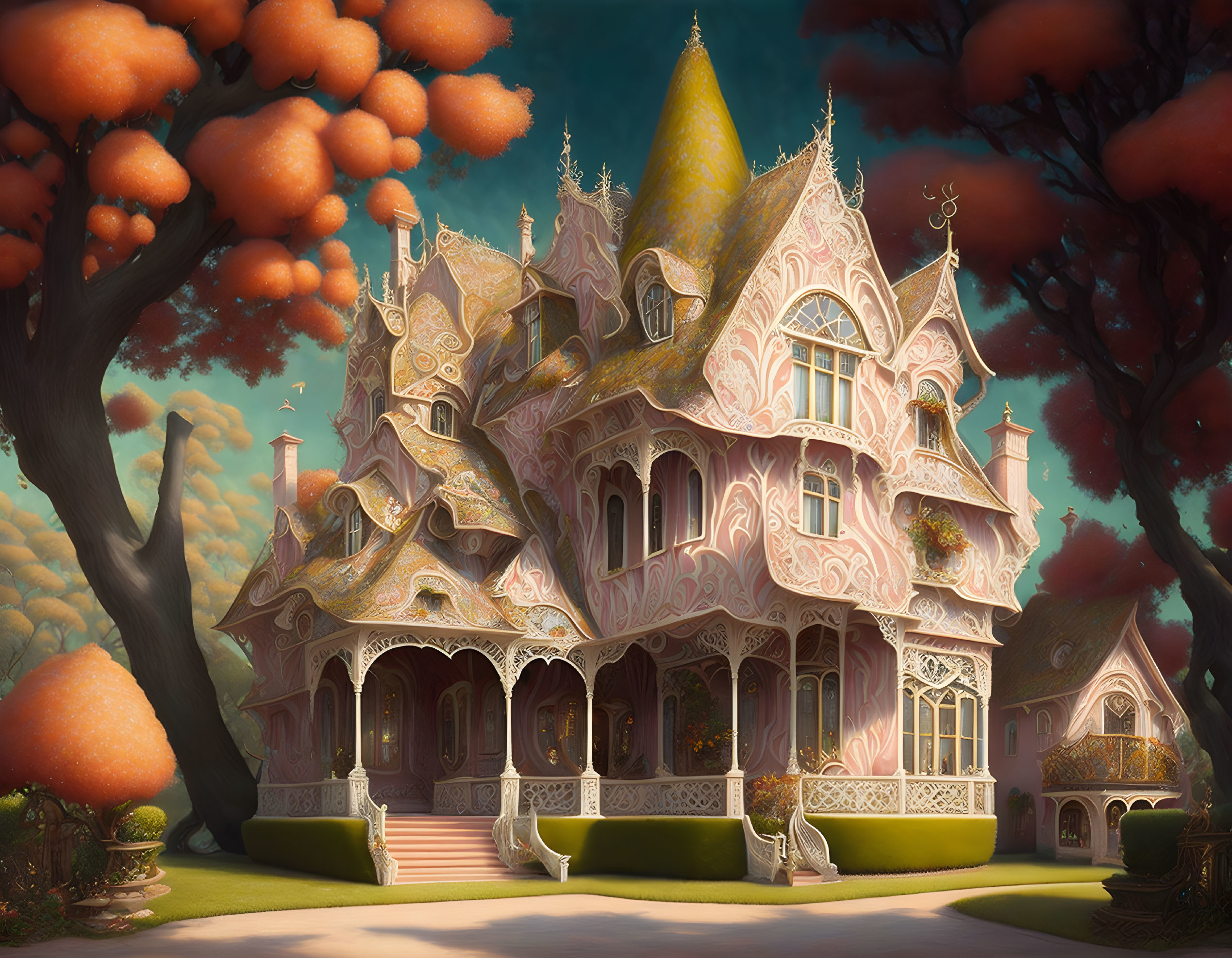 Ornate pink Victorian-style house in fantasy illustration