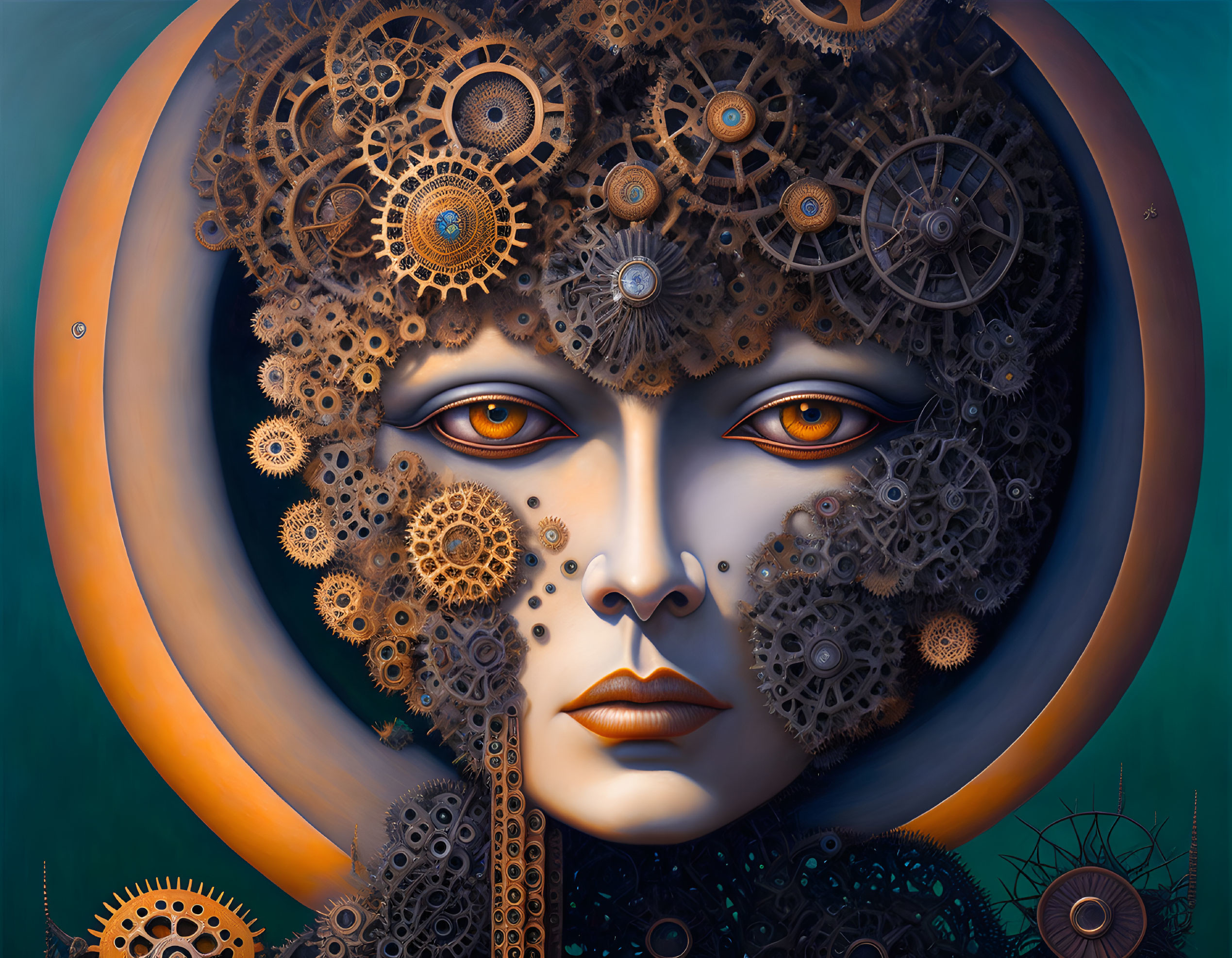 Surreal portrait: face with clockwork gears, cogs, green background, orange rings