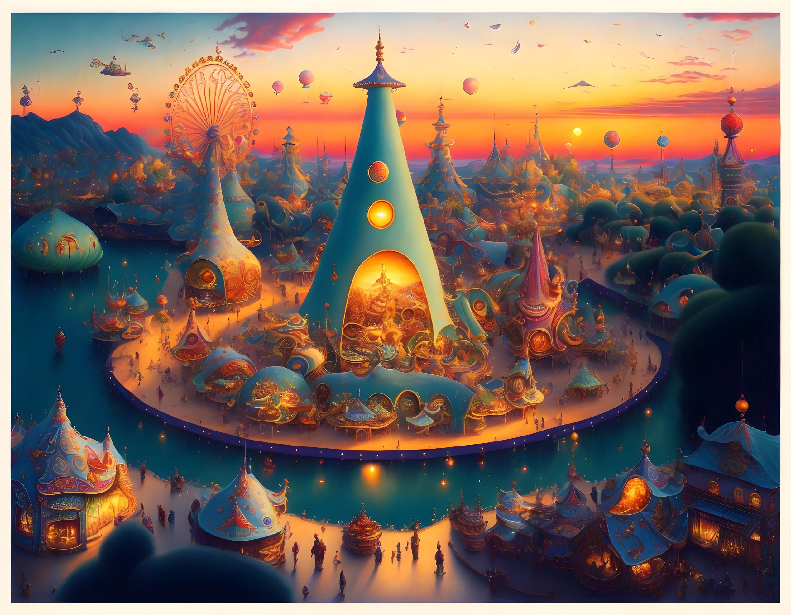 Fantastical landscape with Ferris wheel, lanterns, hot air balloons at sunset