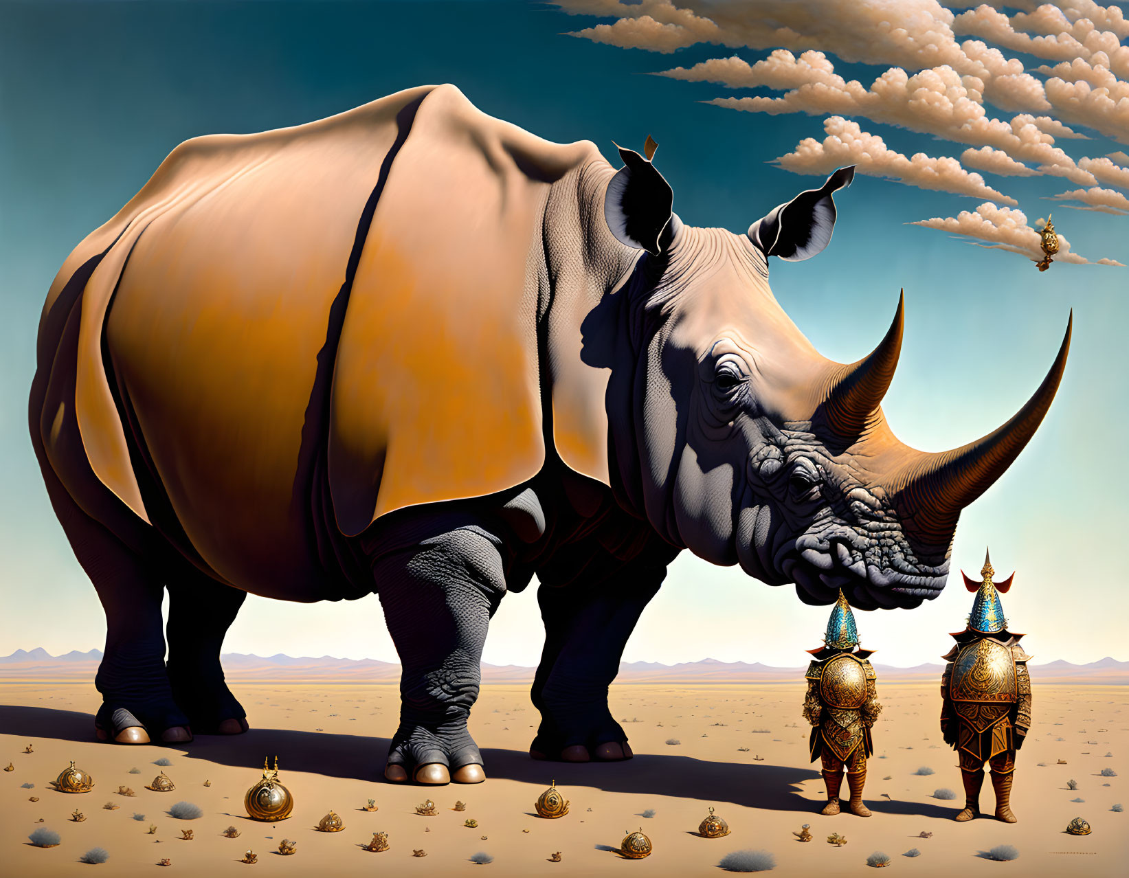 Detailed hyper-realistic rhinoceros illustration with armored figures in desert landscape