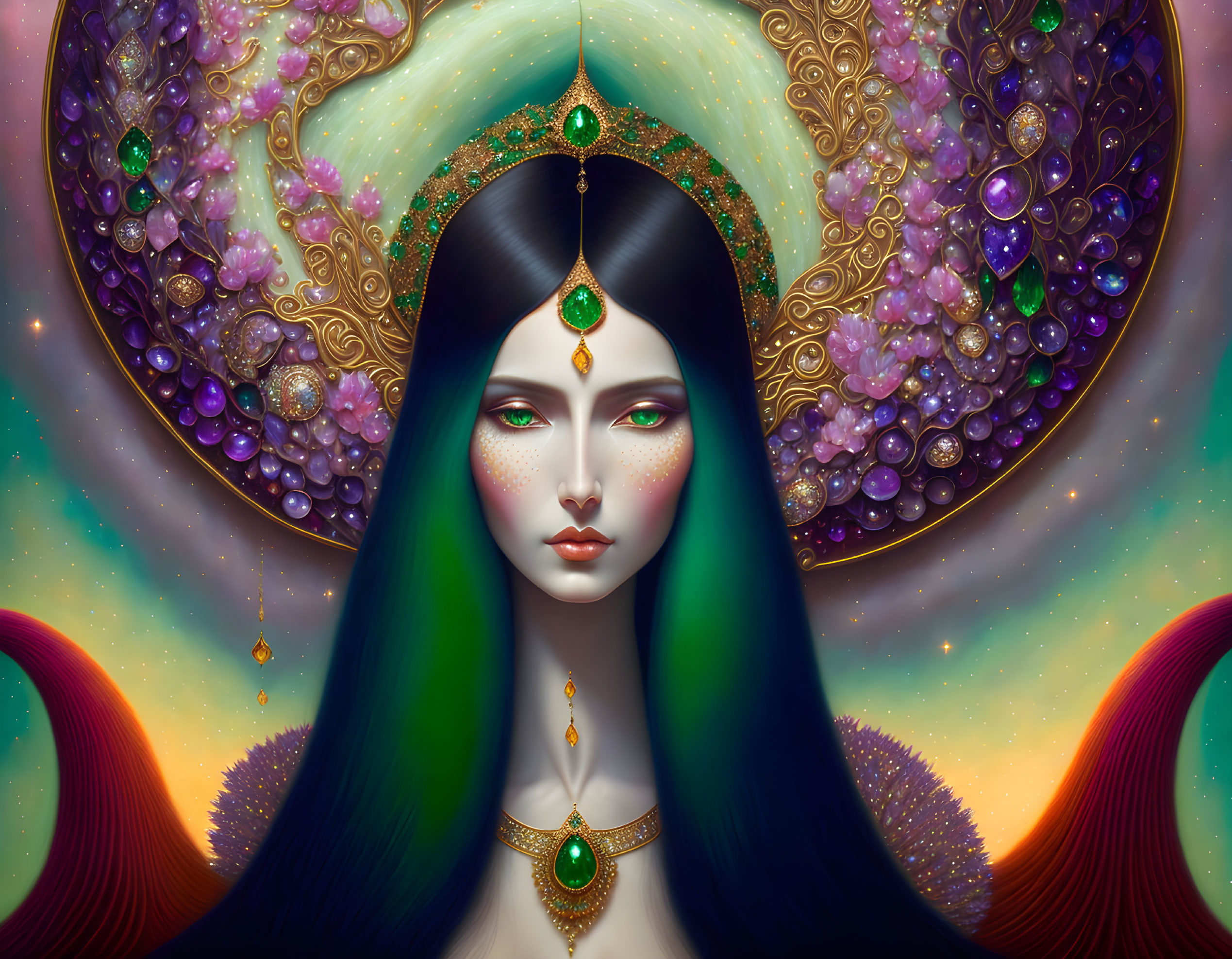 Mystical woman with green ombre hair and gemstone crown in cosmic setting