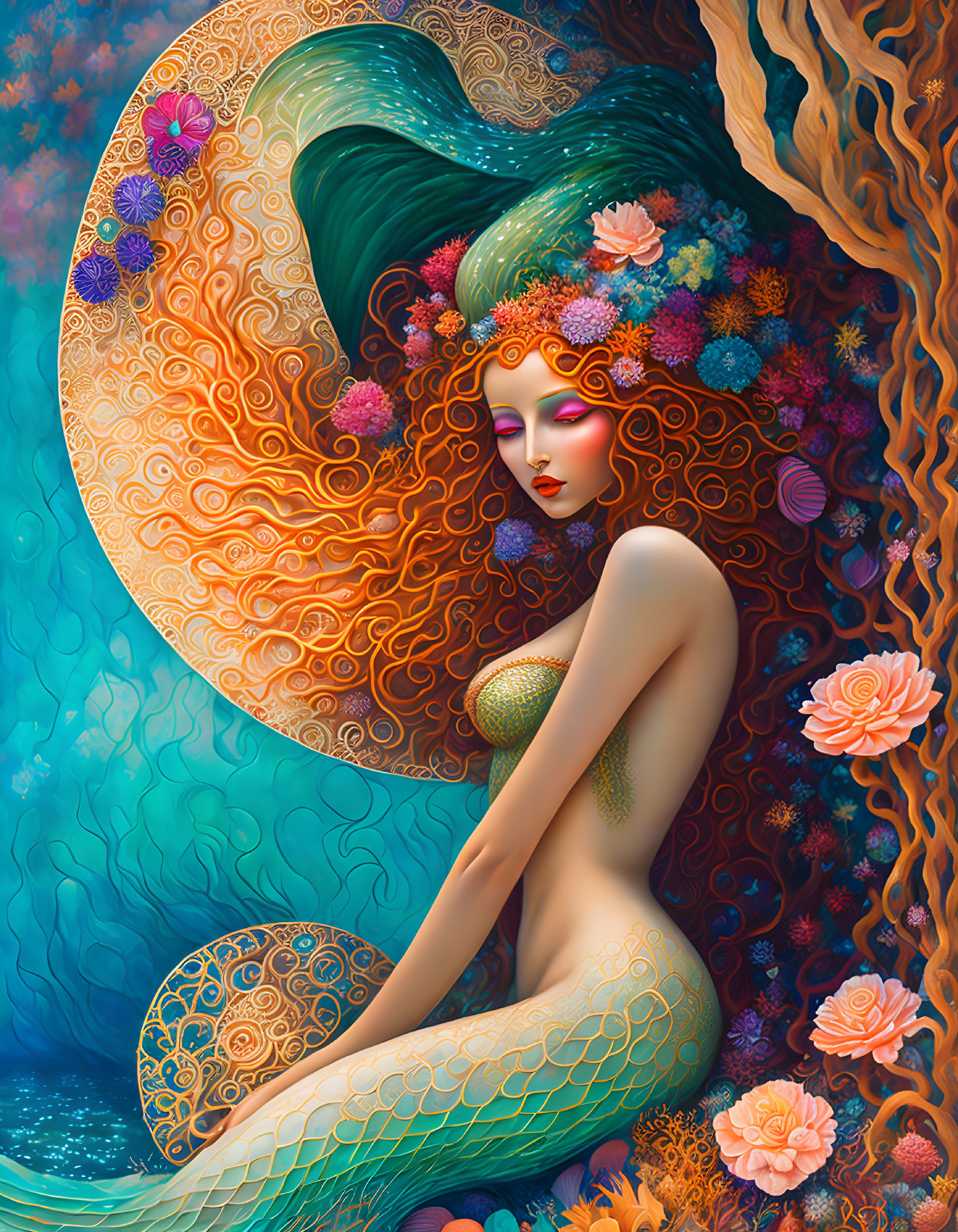 Colorful Mermaid Illustration with Floral Hair and Seashells