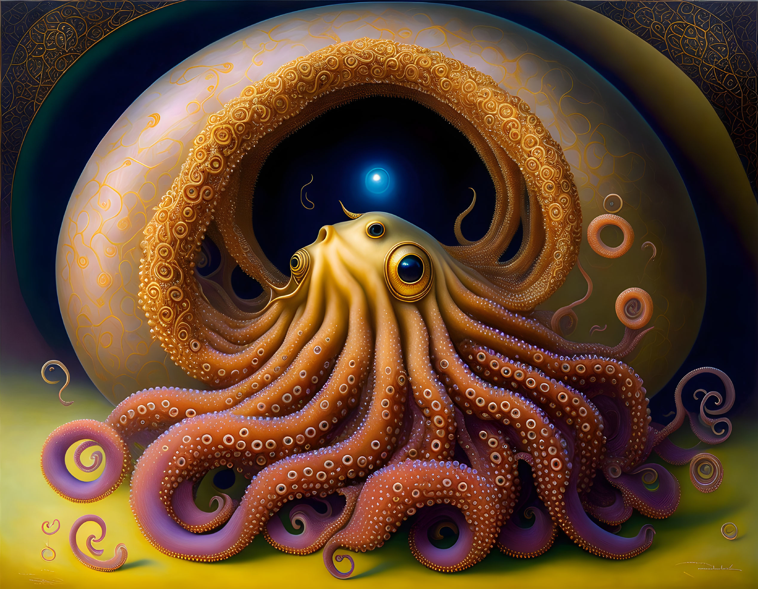 Vibrant surreal painting: stylized octopus with intricate tentacle patterns on ornate backdrop