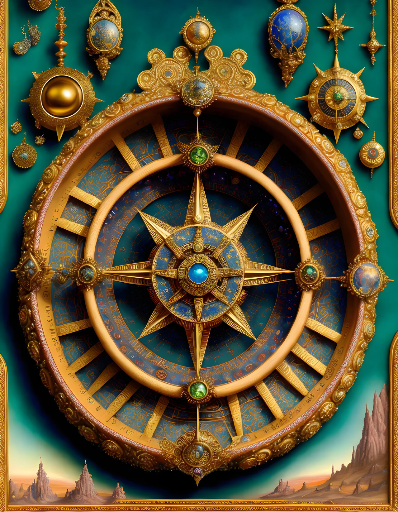 Intricate astrological clock with celestial motifs and zodiac signs