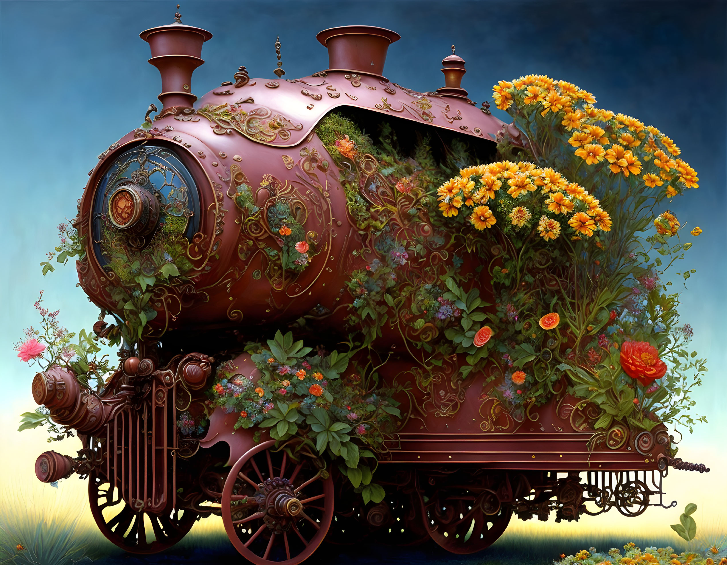 Vintage steam locomotive surrounded by lush greenery and vibrant flowers at twilight