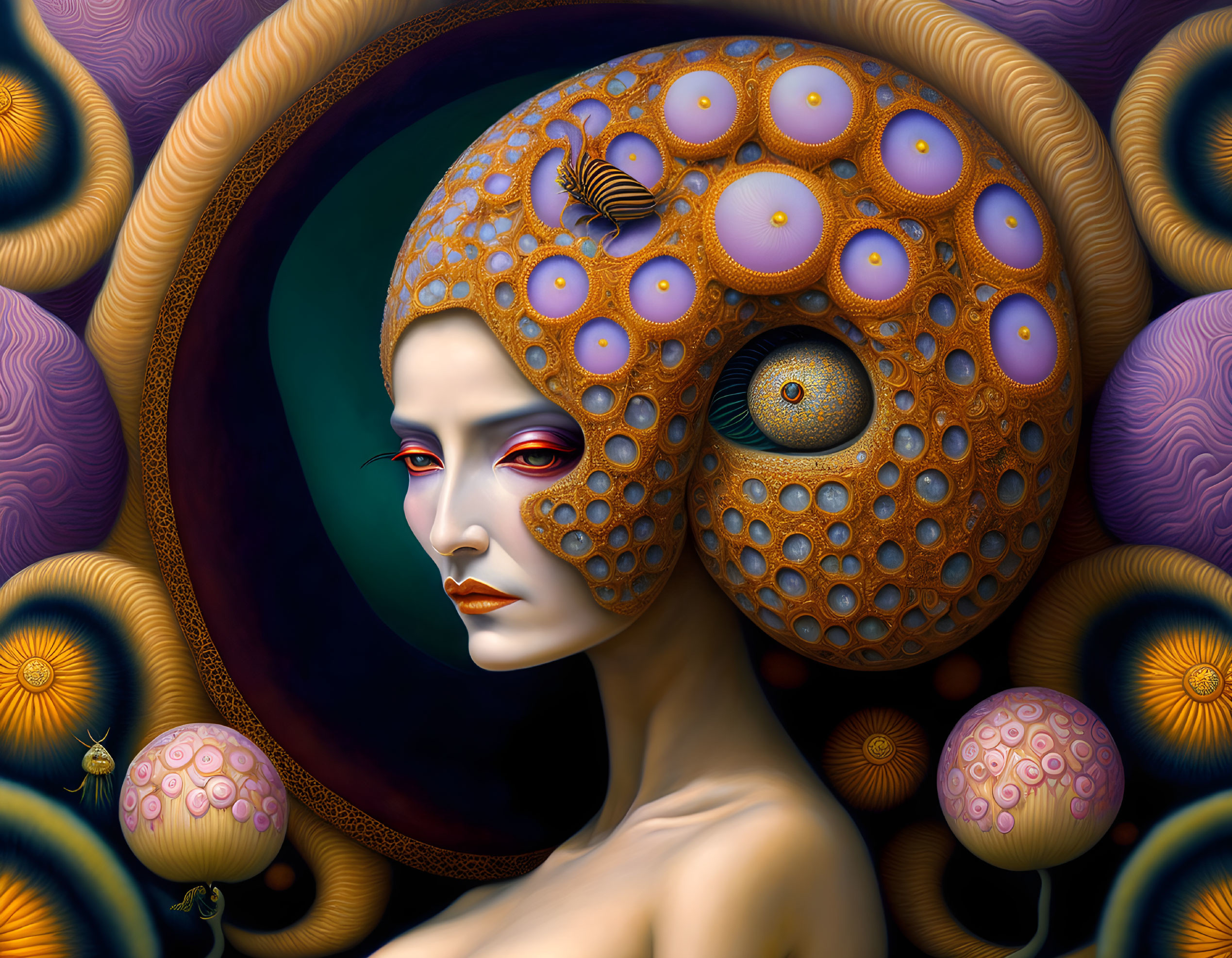 Person with ornate circular headdress in surreal portrait