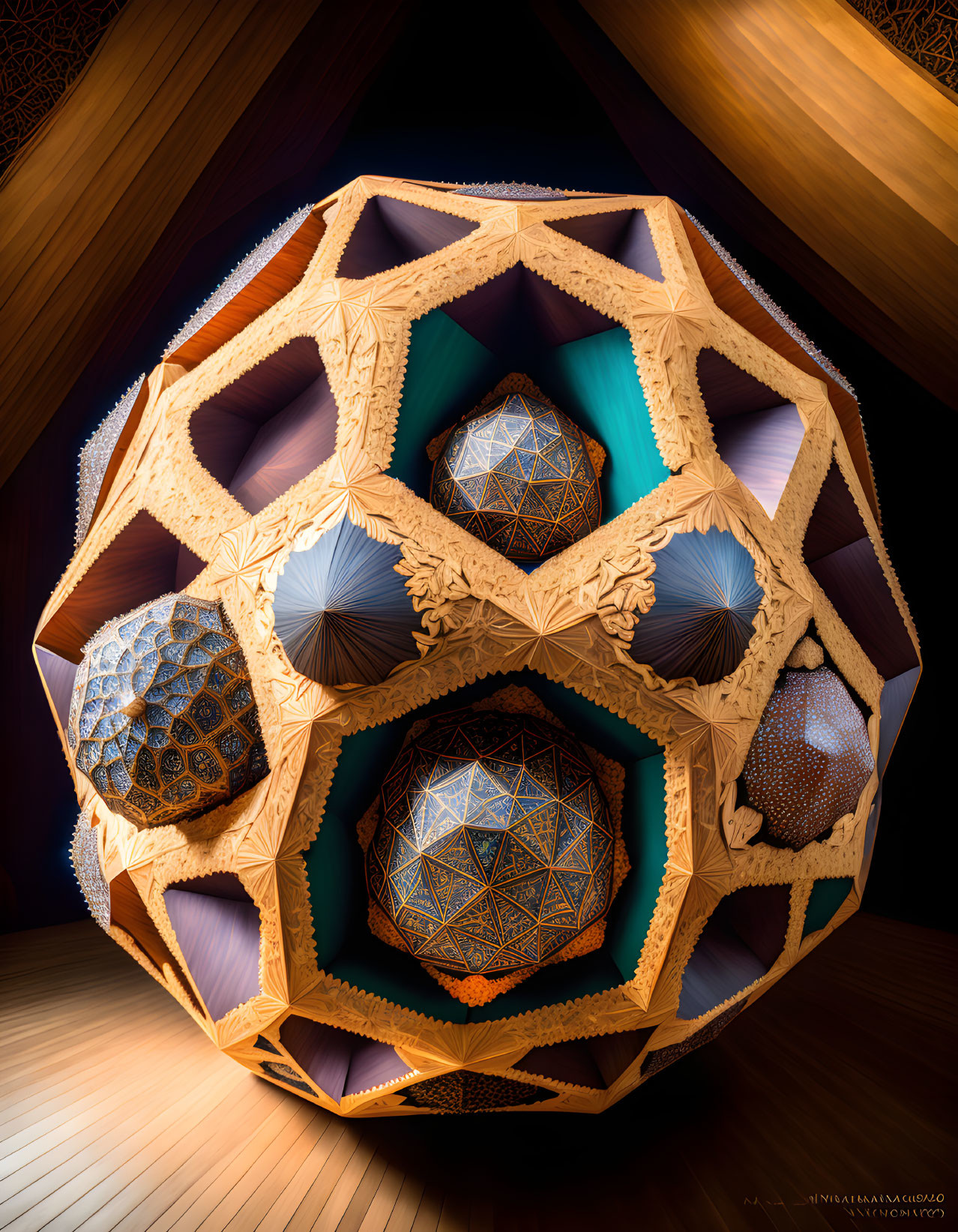 Detailed Geometric Wood Sphere in Warm-Toned Room