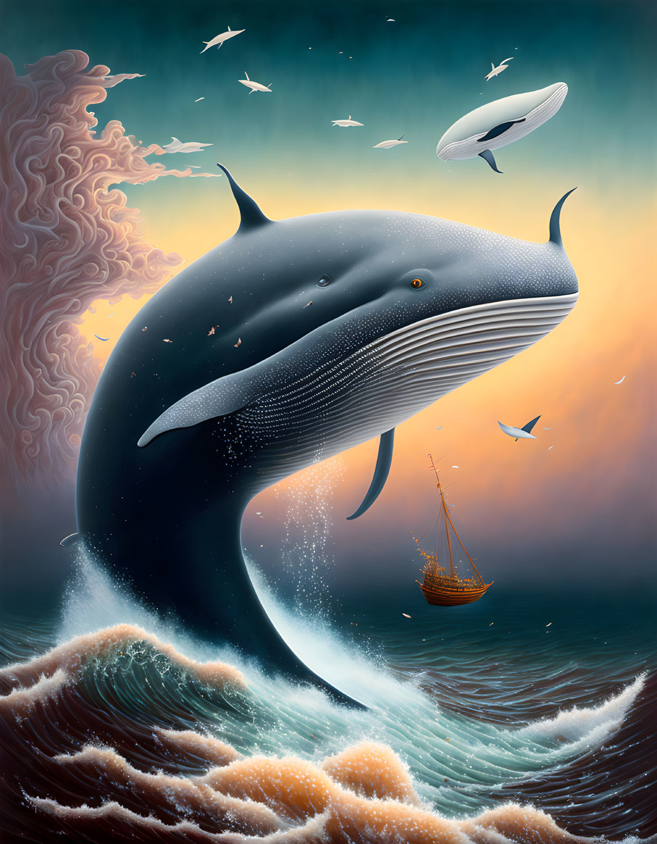 Giant whale leaping with ship, flying fish, zeppelin in surreal ocean scene