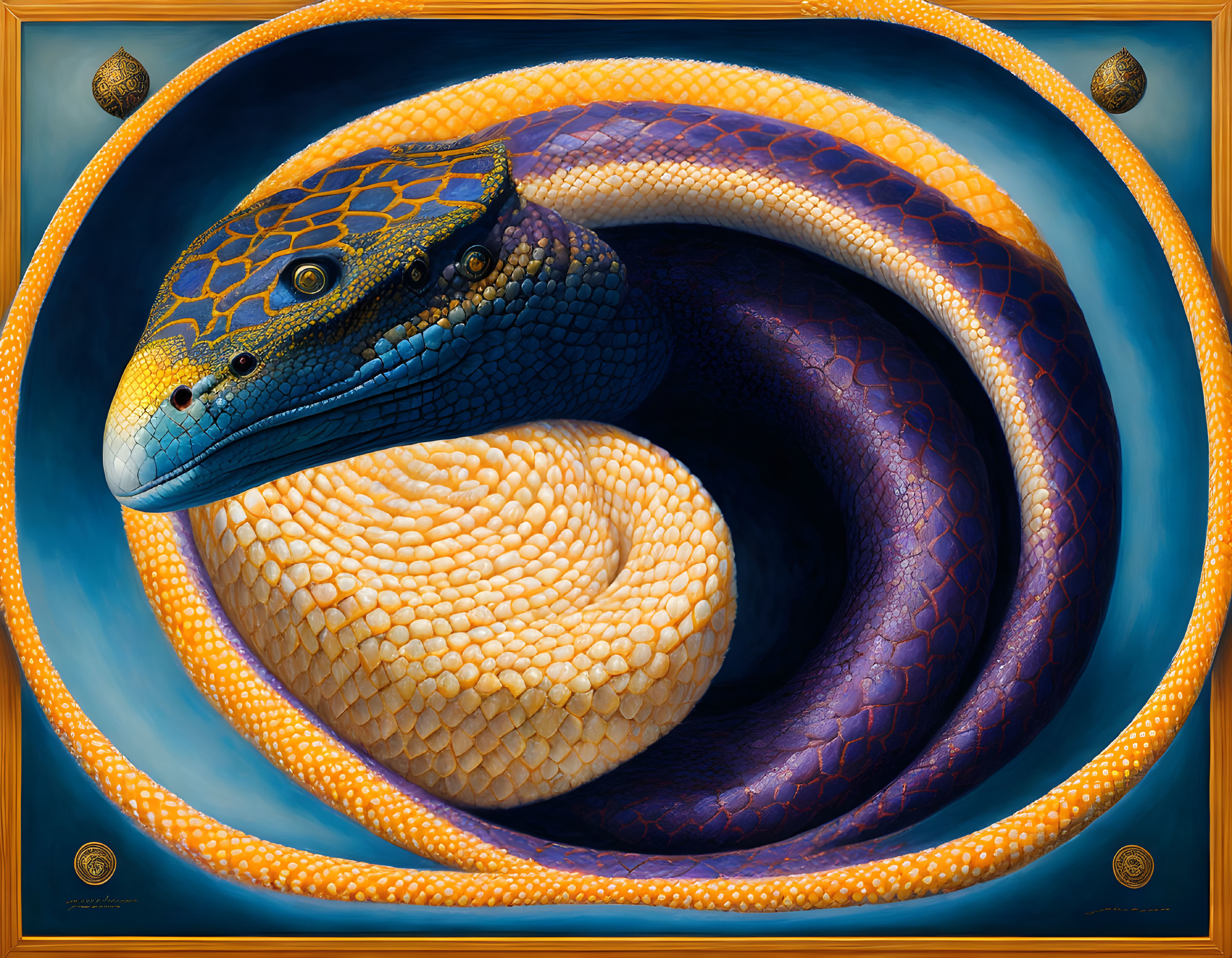 Detailed Illustration: Coiled Snake with Blue and Gold Scales in Ornamental Circles