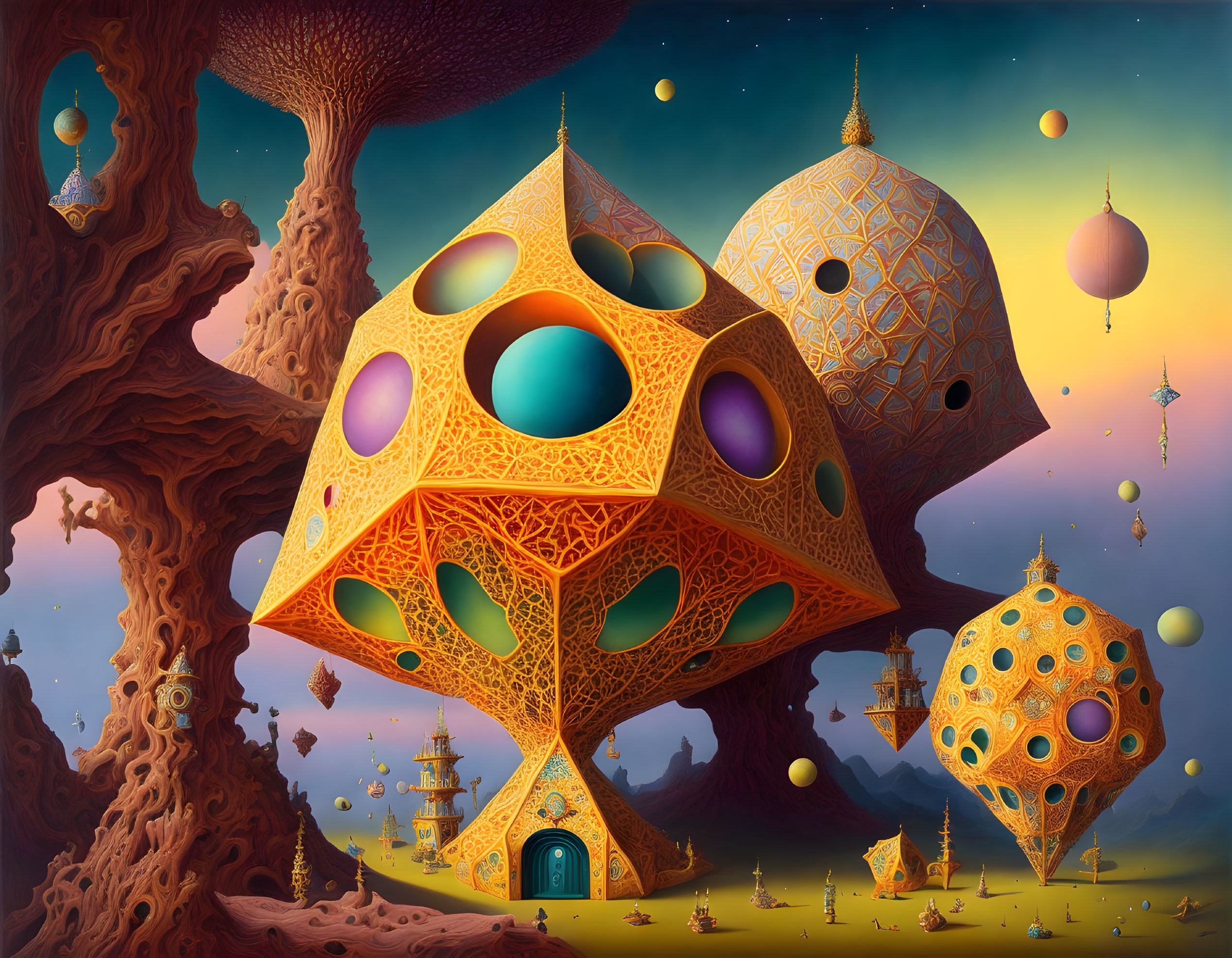 Fantasy landscape with whimsical tree-like structures and floating orbs in twilight sky