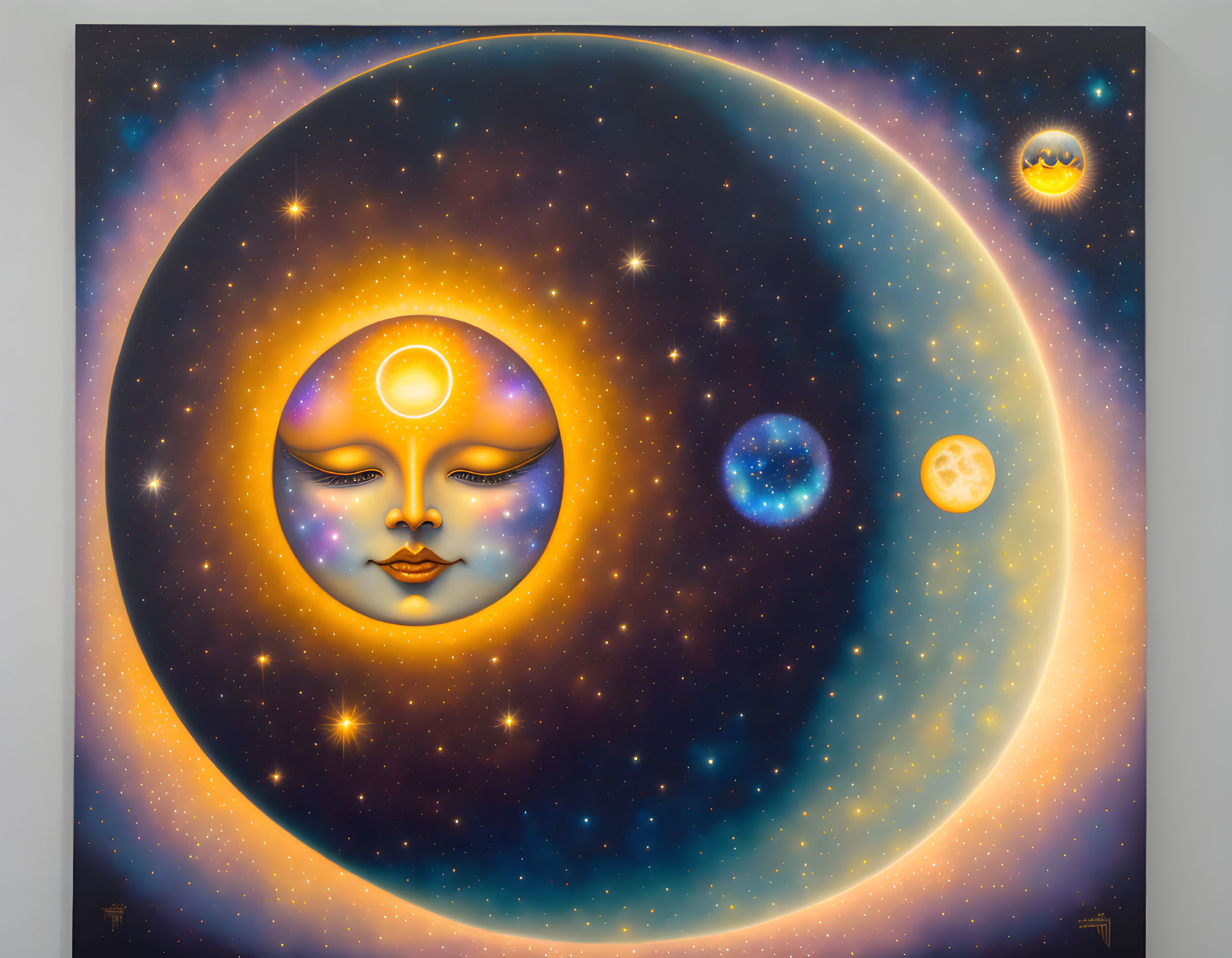 Surreal cosmic painting with serene face, stars, and celestial bodies