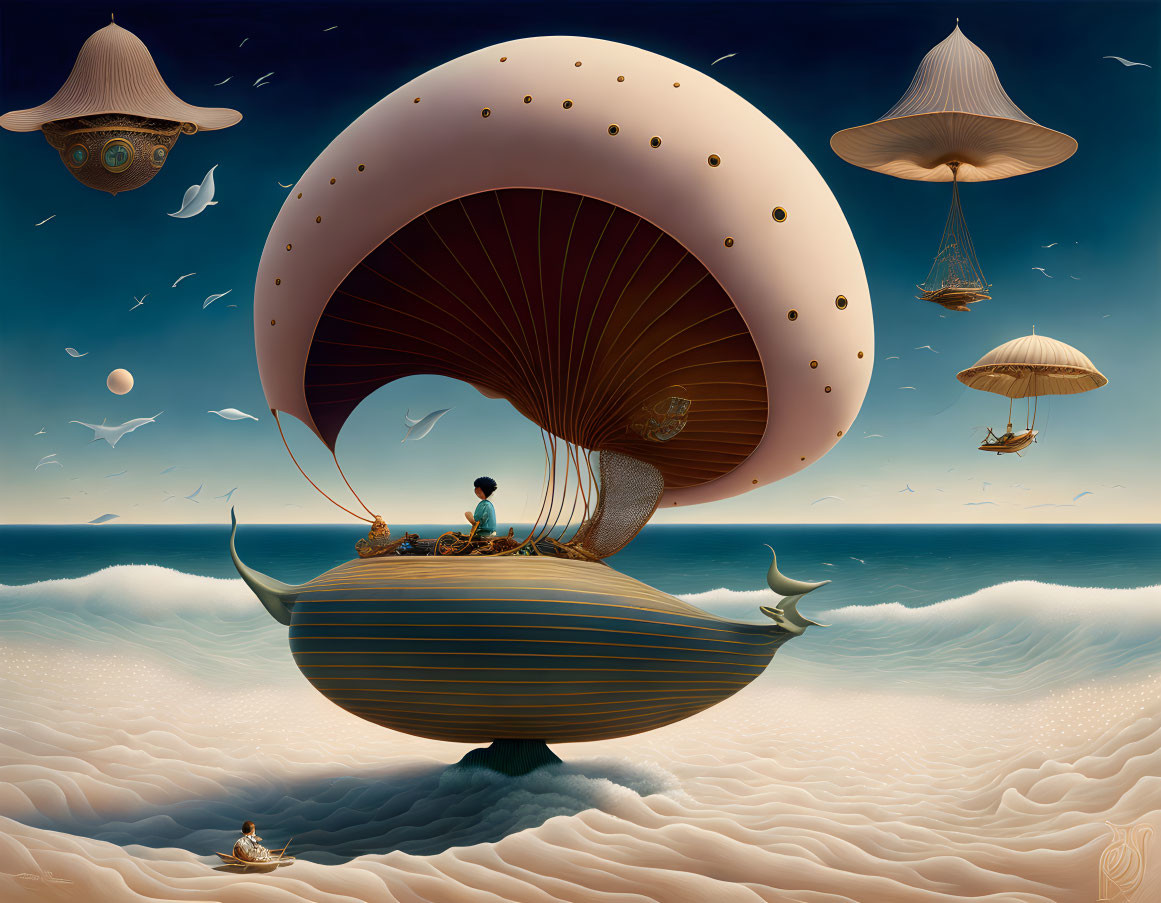 Person on boat with circular sail in sky with two moons and flying jellyfish-like vessels