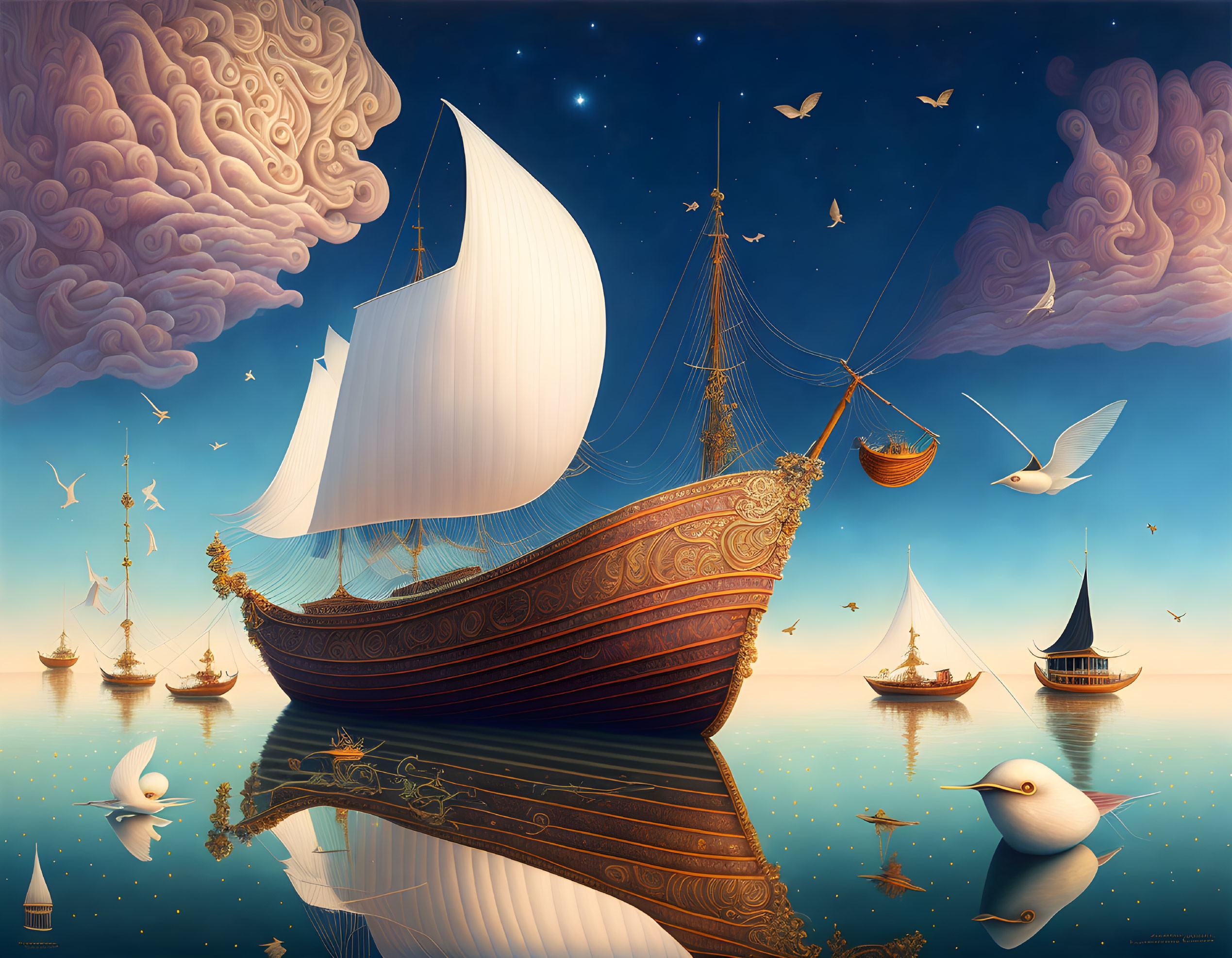 Surreal image of ships with ornate sails among clouds and brain-shaped formations