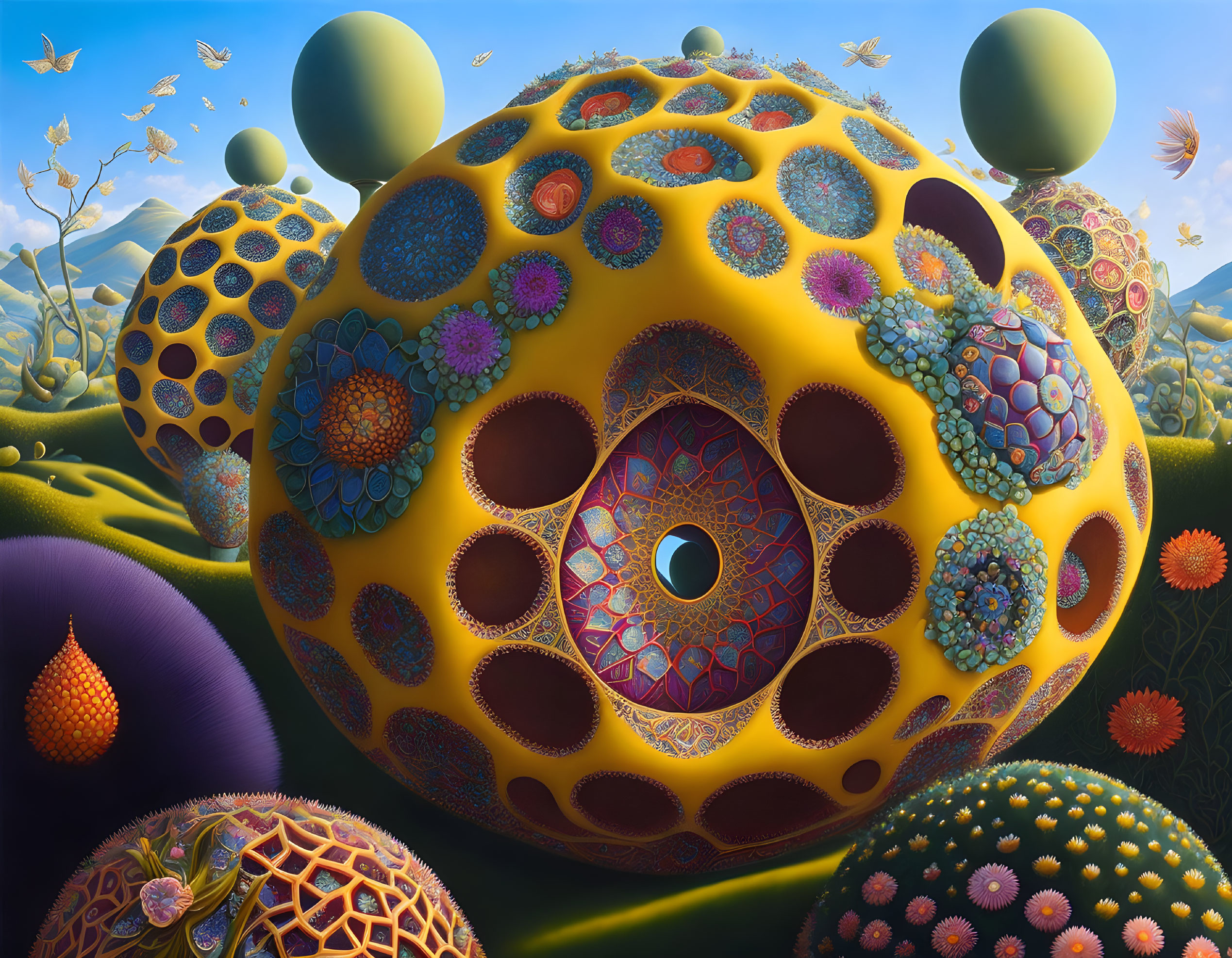 Vibrant surreal landscape with spherical structures and intricate patterns