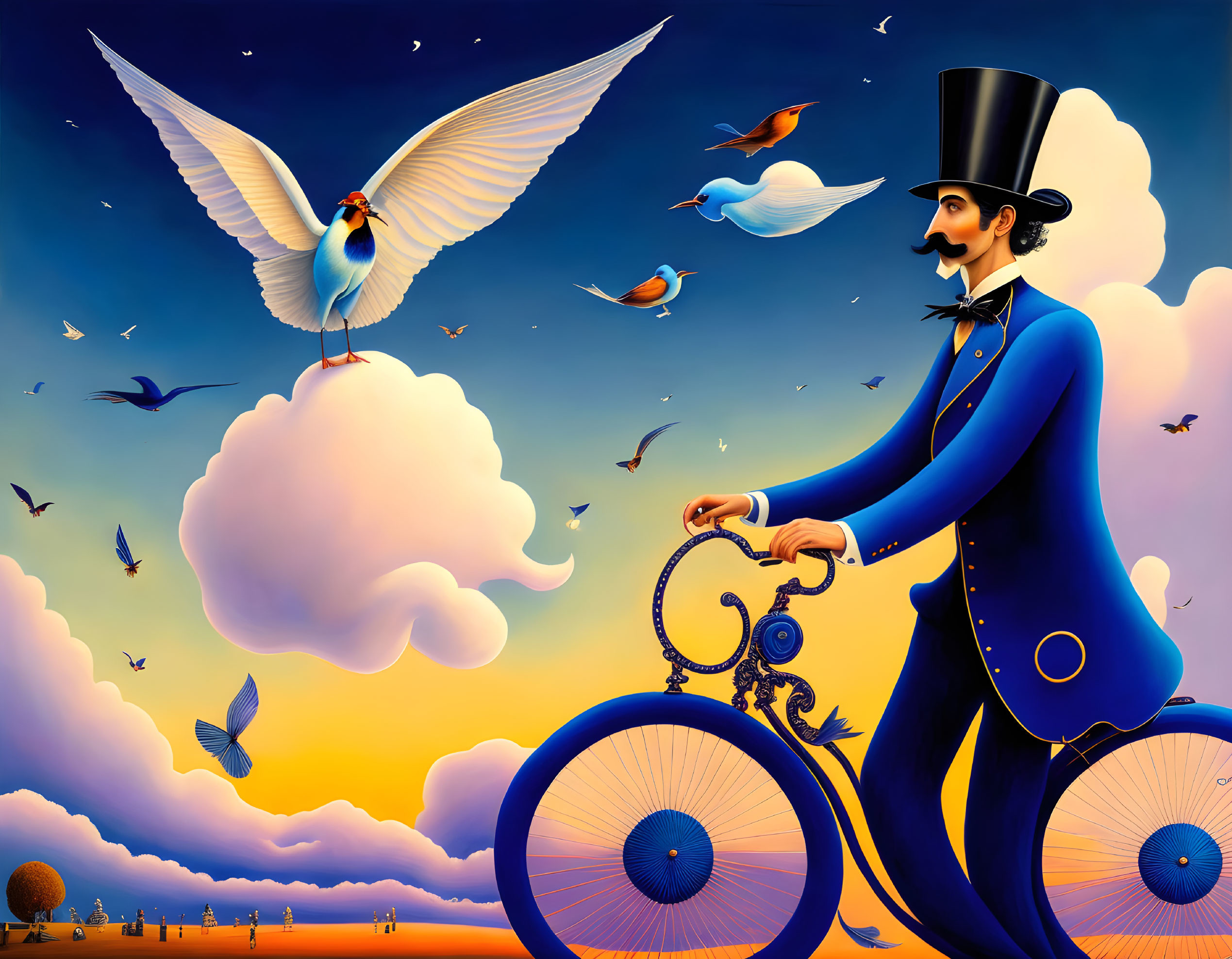 Colorful Illustration: Man in Top Hat on Penny-Farthing Bicycle with Birds