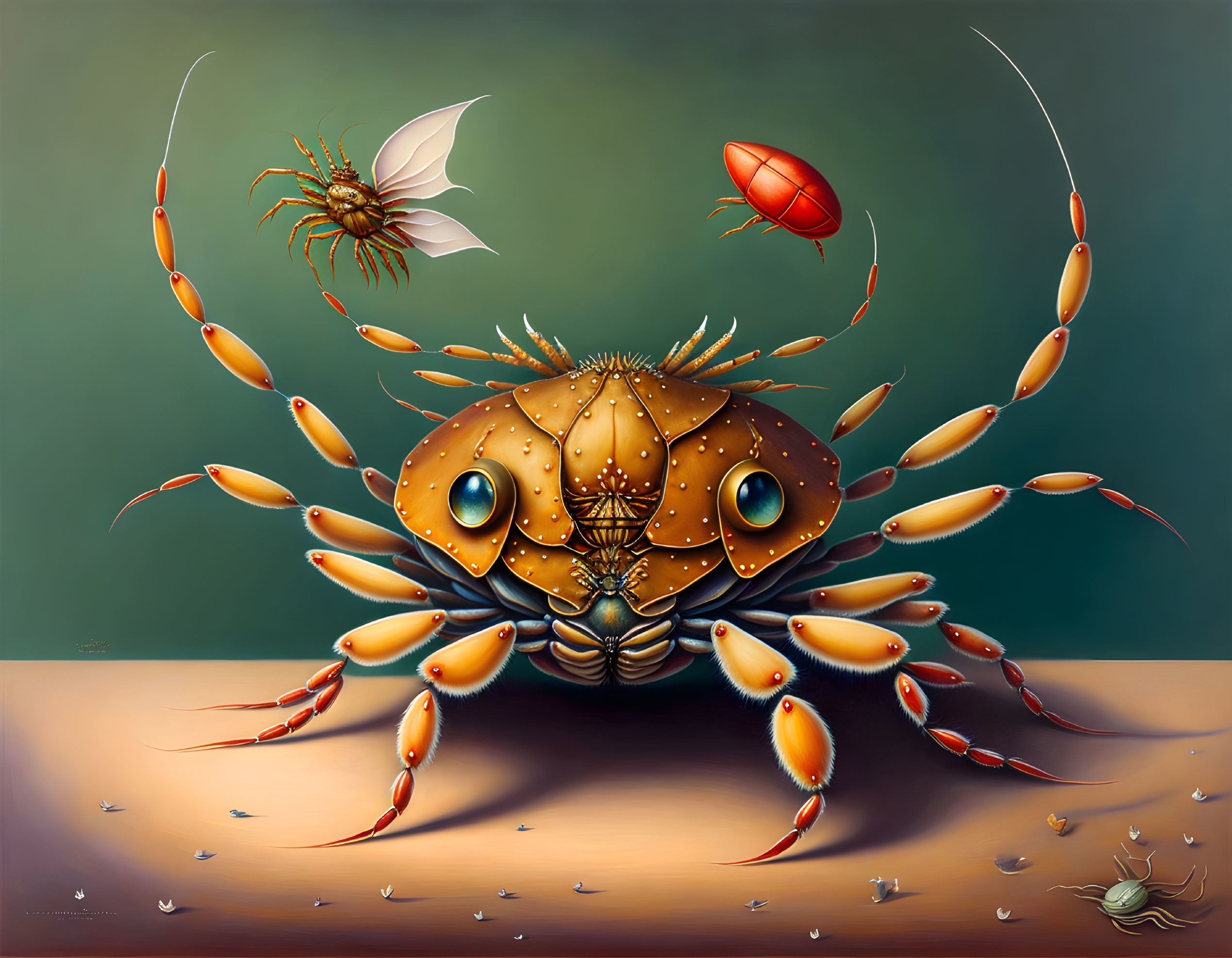 Anthropomorphic crab with expressive eyes surrounded by insects on greenish background