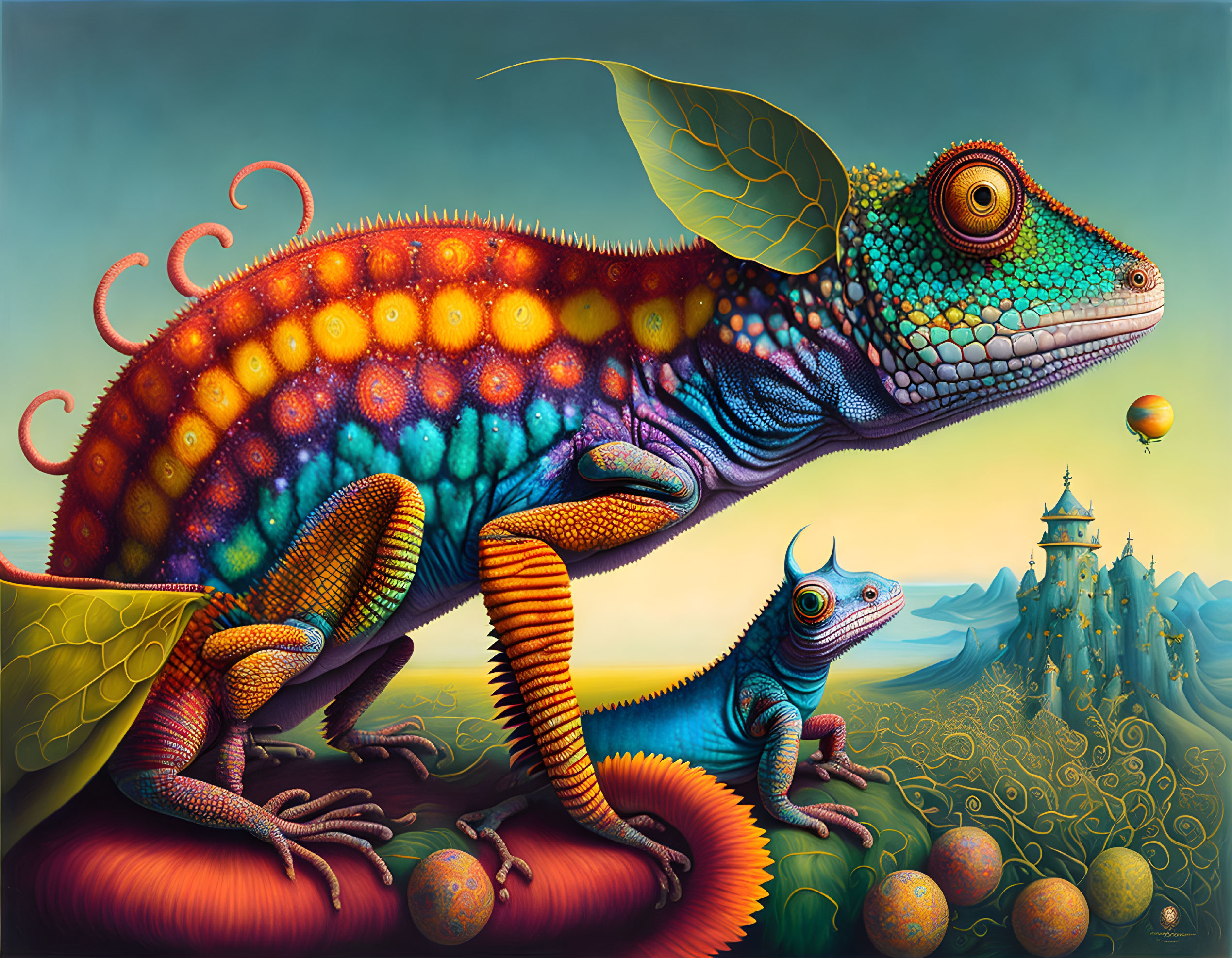 Colorful surreal artwork: large multicolored chameleon with whimsical landscape.