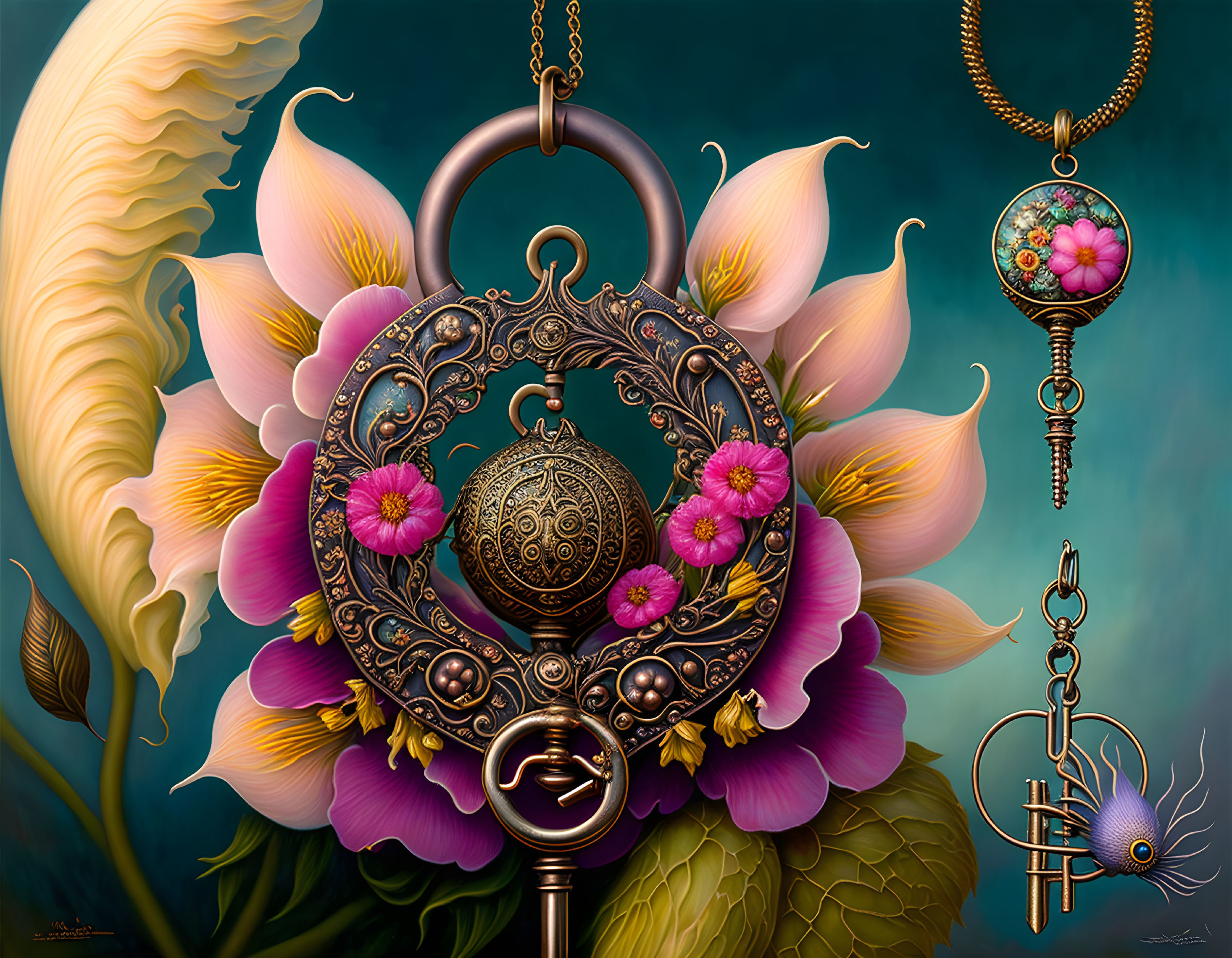 Metallic astrolabe with lotus flowers on teal background and jeweled key pendant.