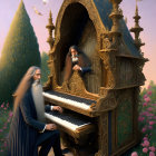 Illustration of two bearded men with ornate piano-organ in whimsical outdoor setting