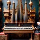 Silver-haired person playing grand pipe organ in ornate room