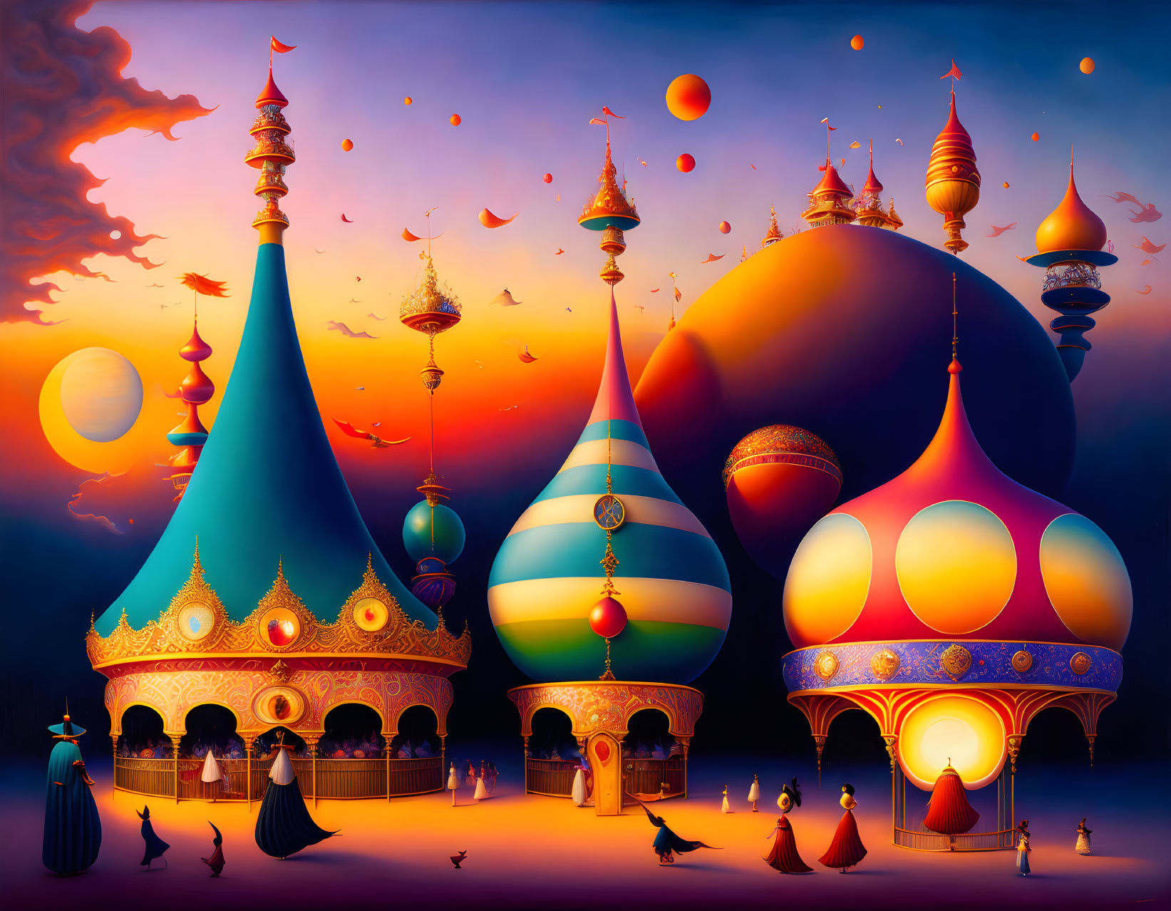 Fantastical landscape with onion dome structures and twilight sky.