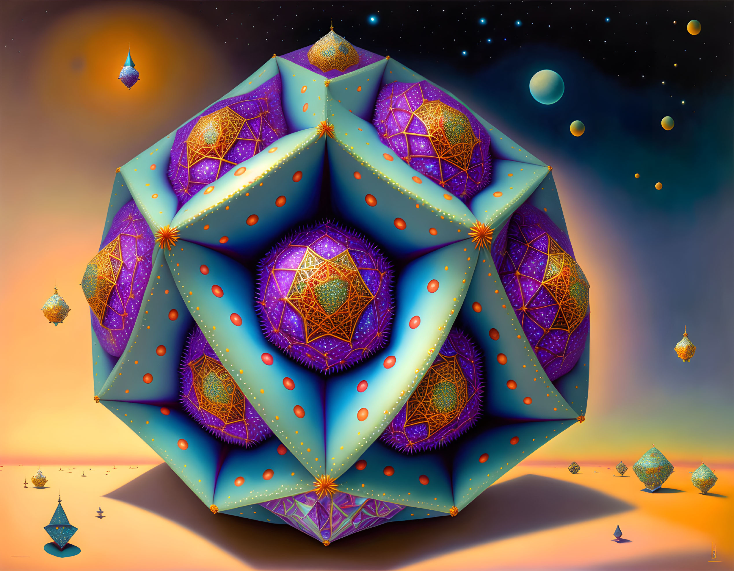 Colorful fractal art: intricate geometric structure with patterned spheres in starry desert sky