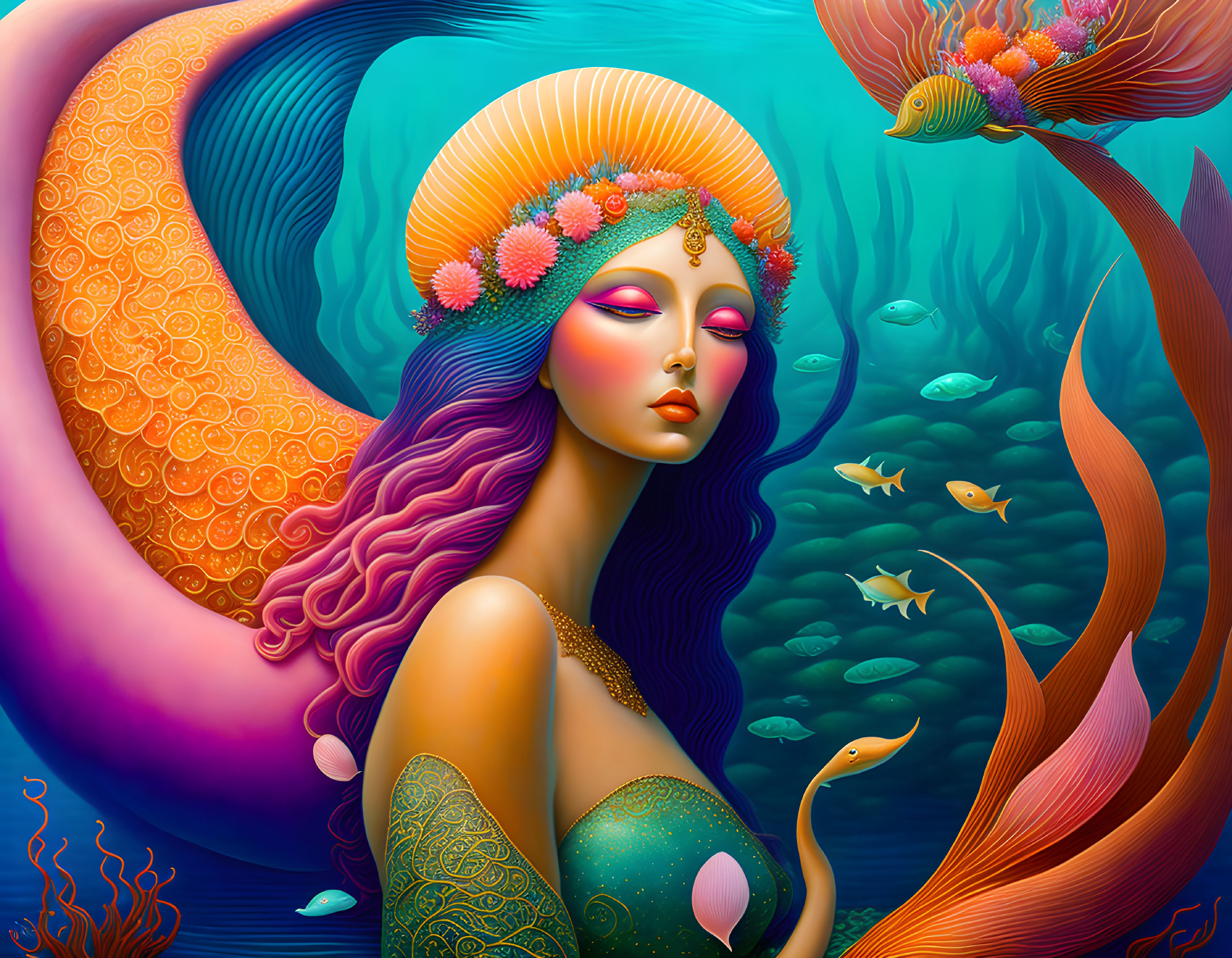 Mermaid with Purple Hair in Mythical Underwater Scene