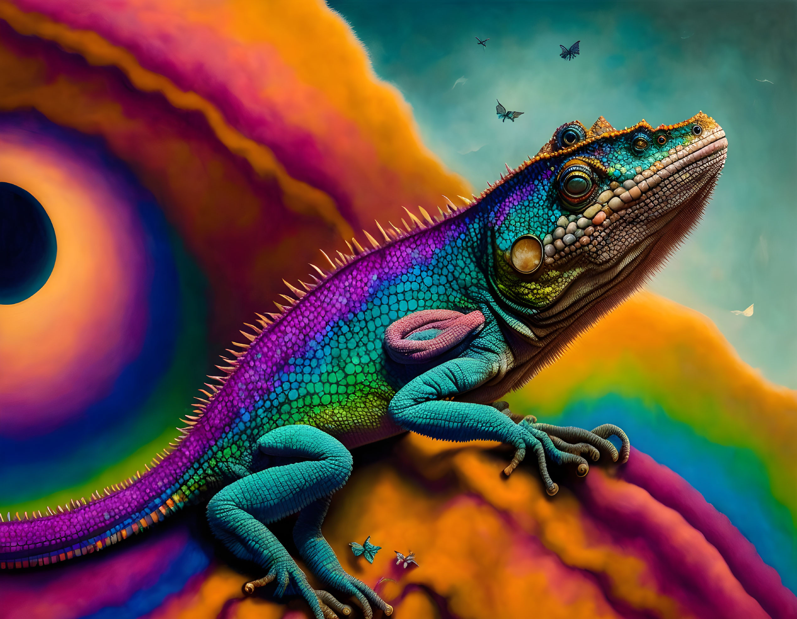 Vibrant chameleon in cosmic setting with birds in silhouette