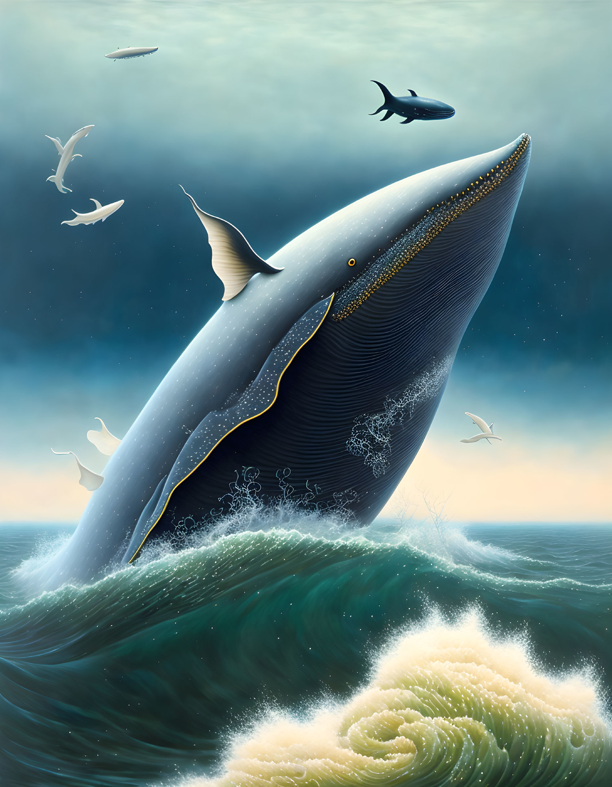 Gulls flying around majestic blue whale in stormy ocean scene