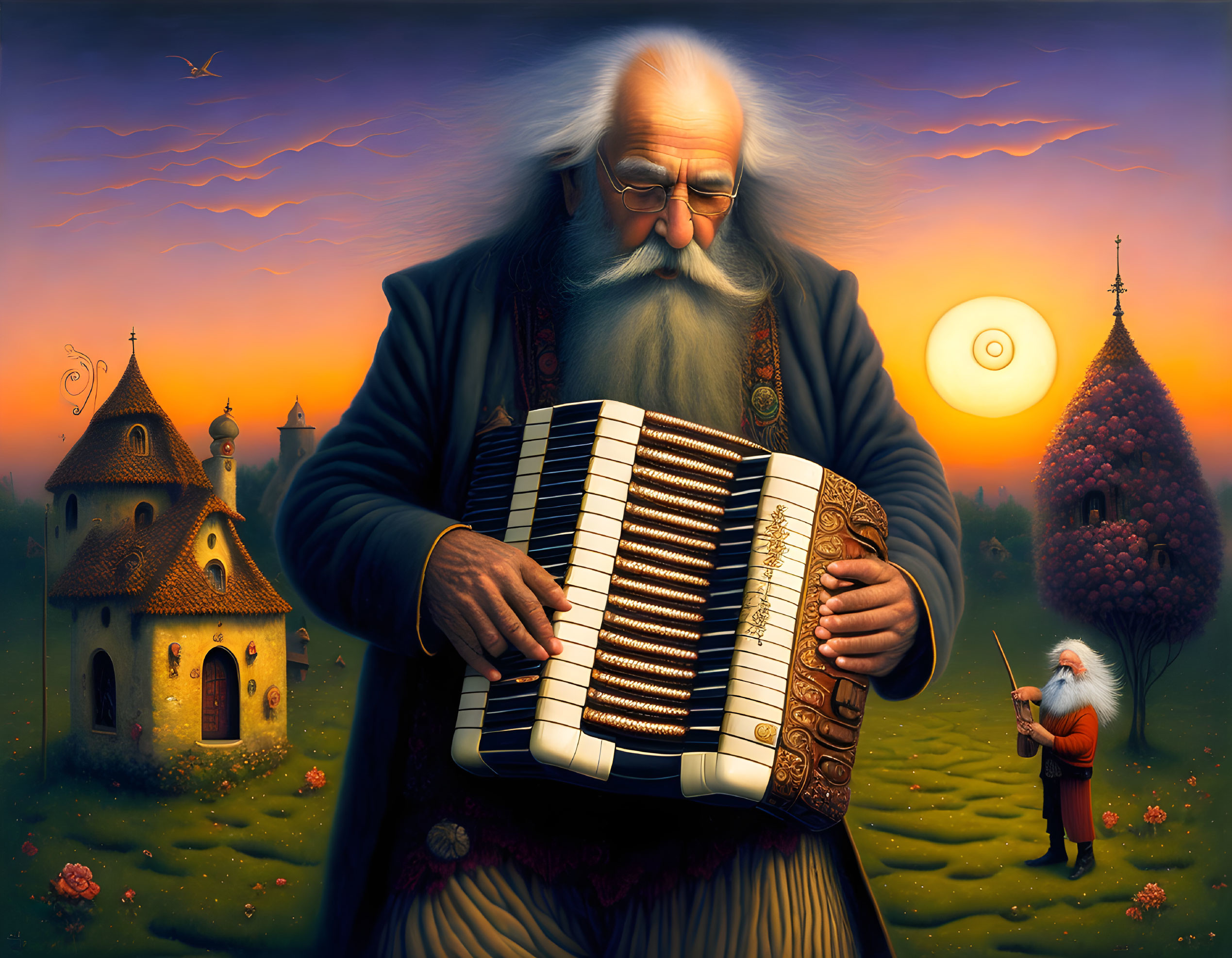 Elderly man playing accordion in colorful sunset landscape