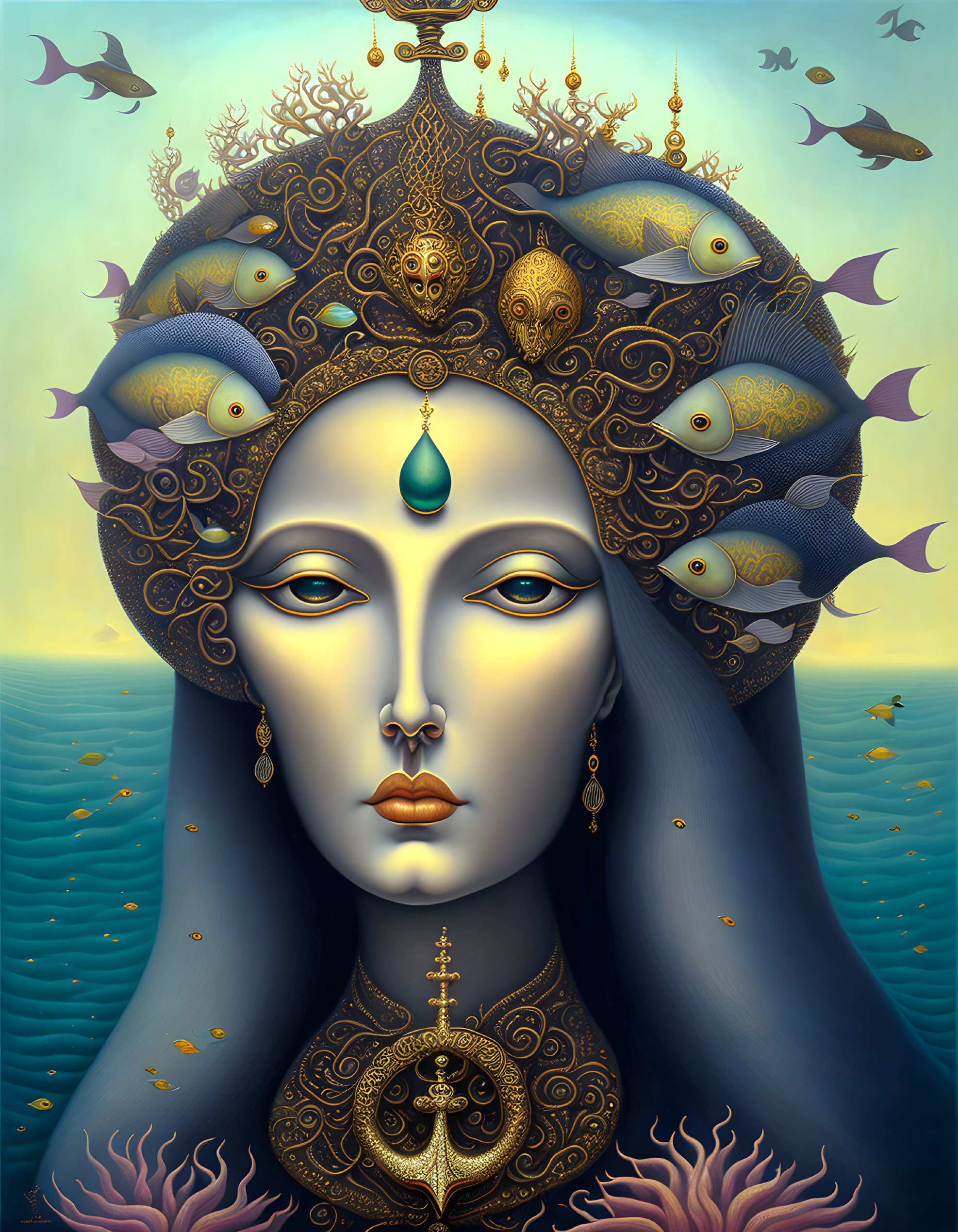 Intricate painting of woman with blue skin and regal headdress underwater