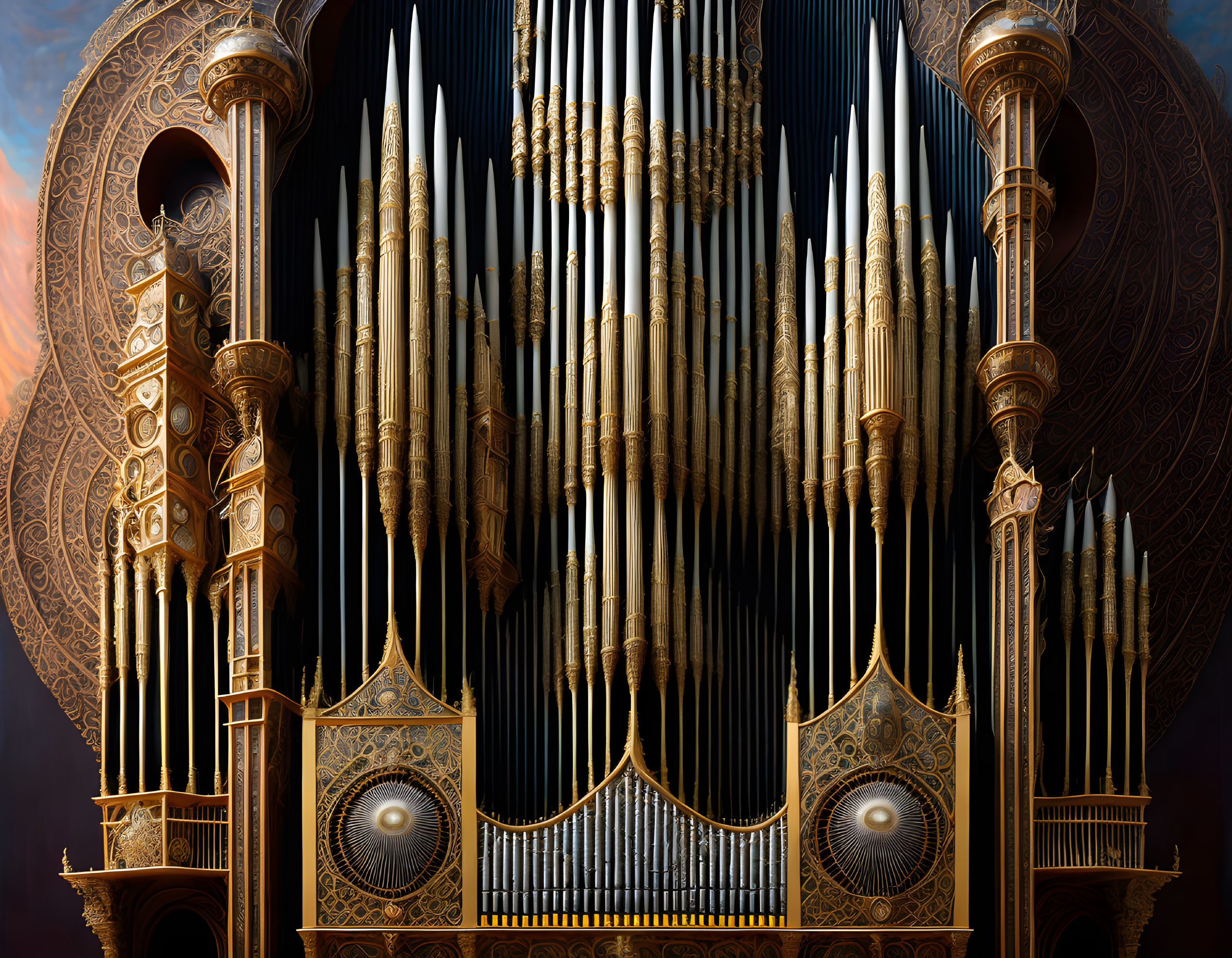 Golden-patterned pipe organ with towering pipes on dark backdrop