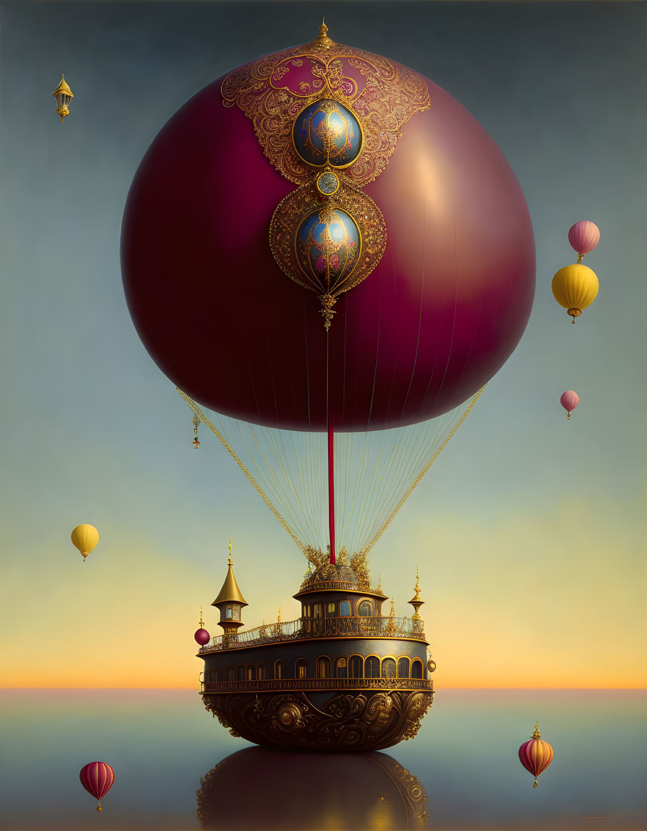 Luxurious red and gold hot air balloon in serene sunset sky