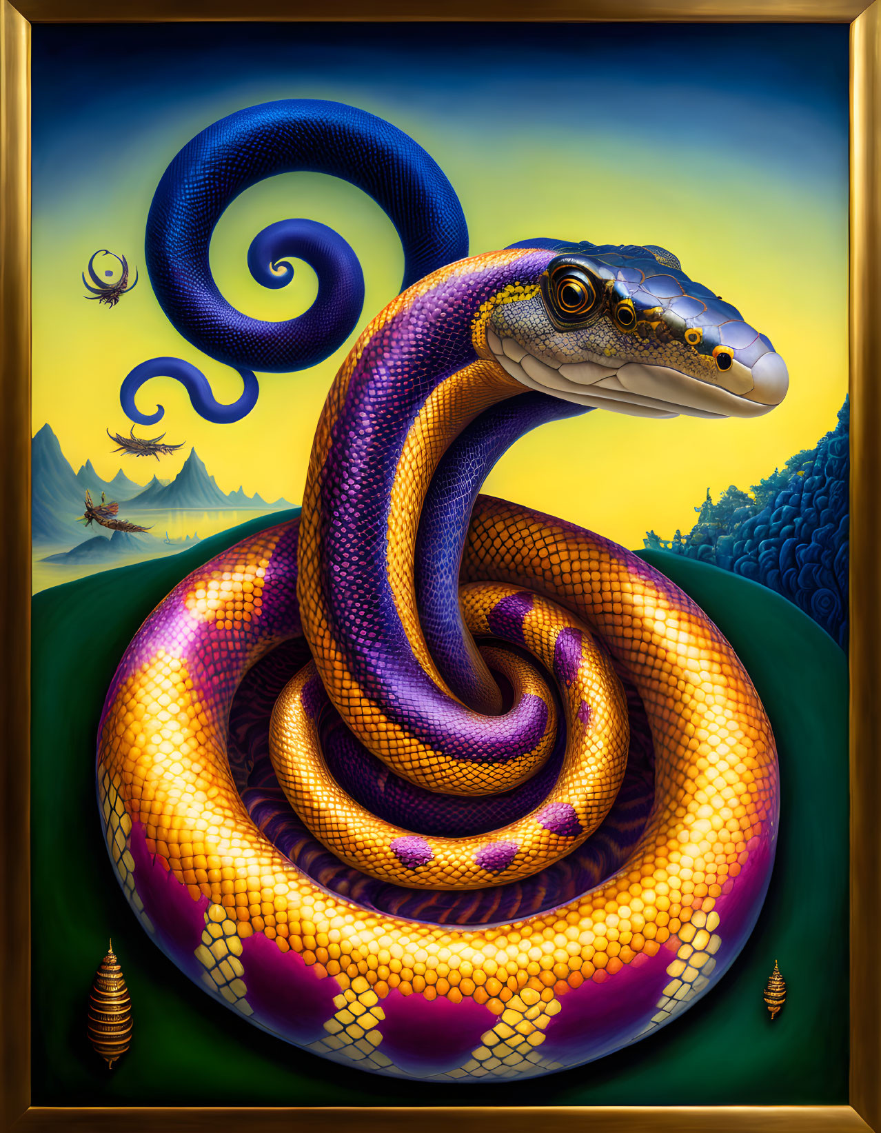 Vibrant painting of coiled snake in surreal landscape