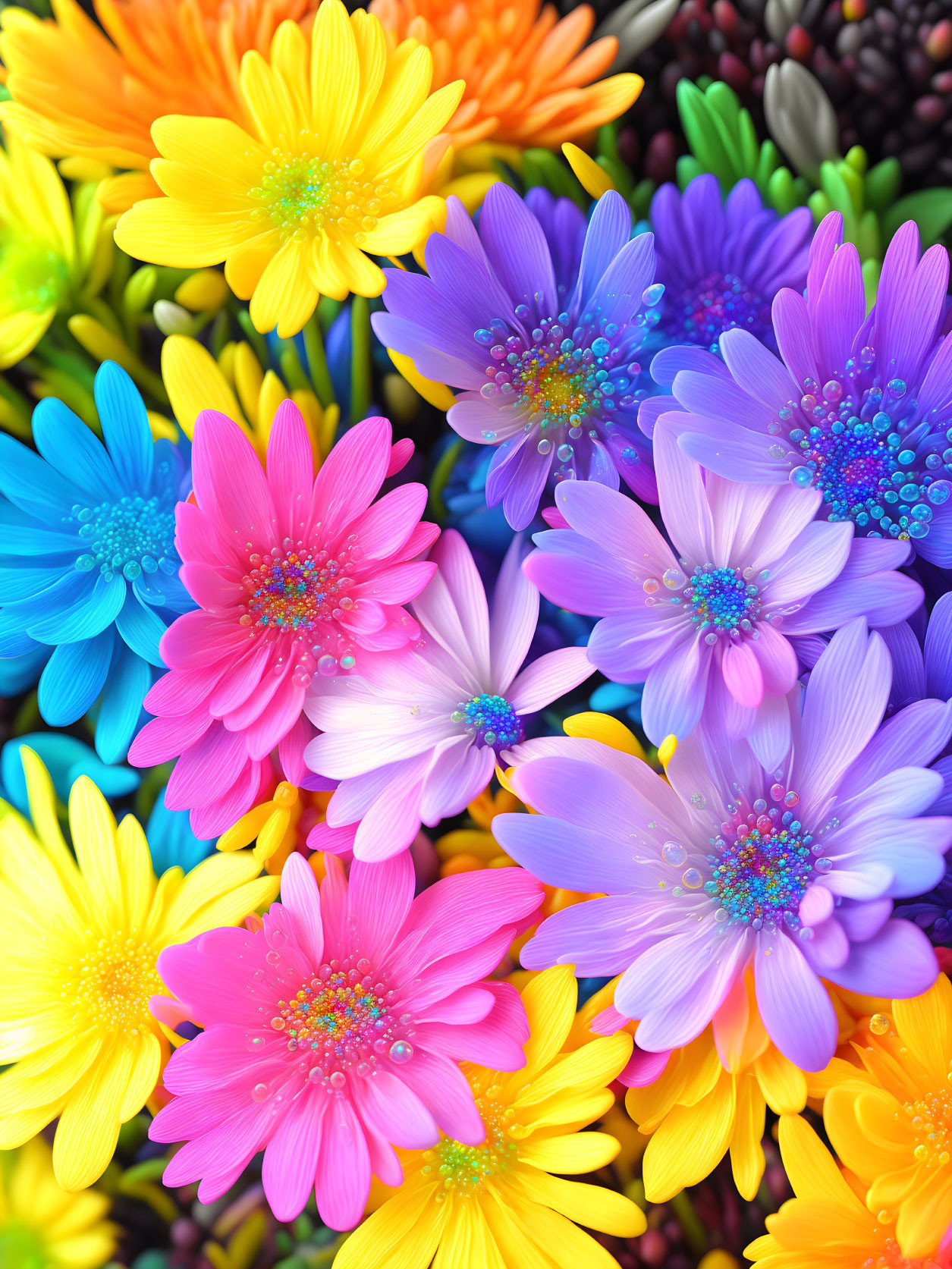 Colorful flowers with yellow, orange, pink, purple, and blue petals and delicate stamens