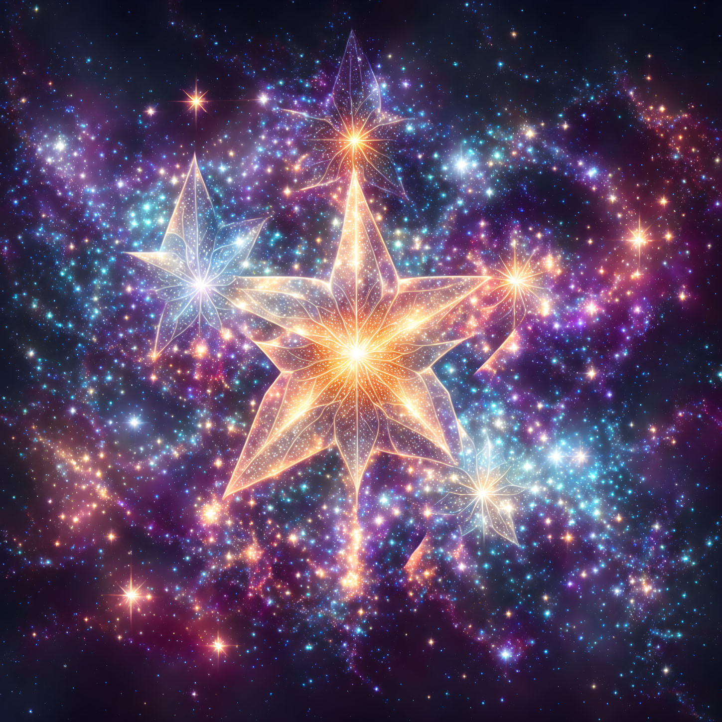 Glowing translucent stars with intricate patterns on a colorful cosmic background