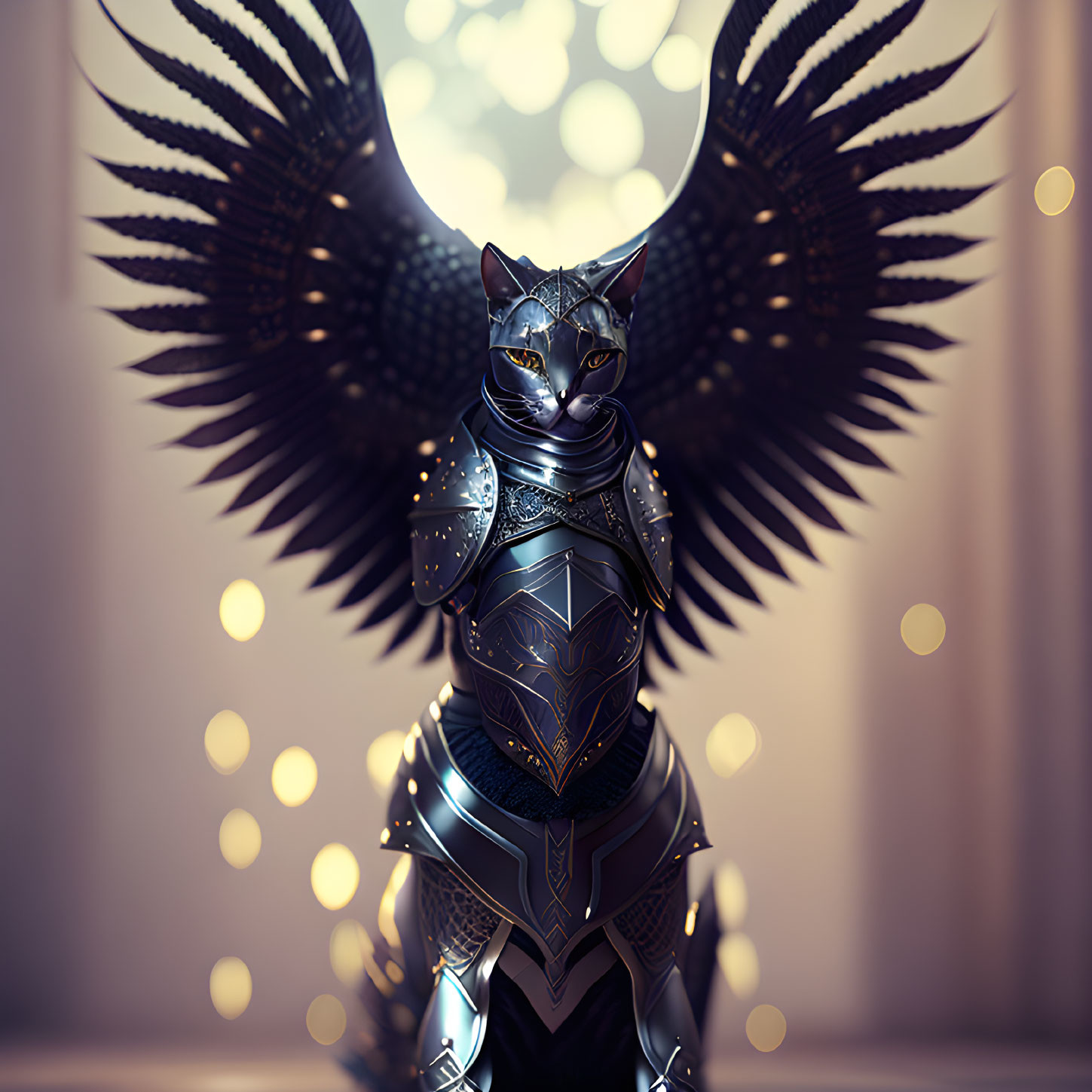 Anthropomorphic cat in stylized armor with intricate wings on soft bokeh background