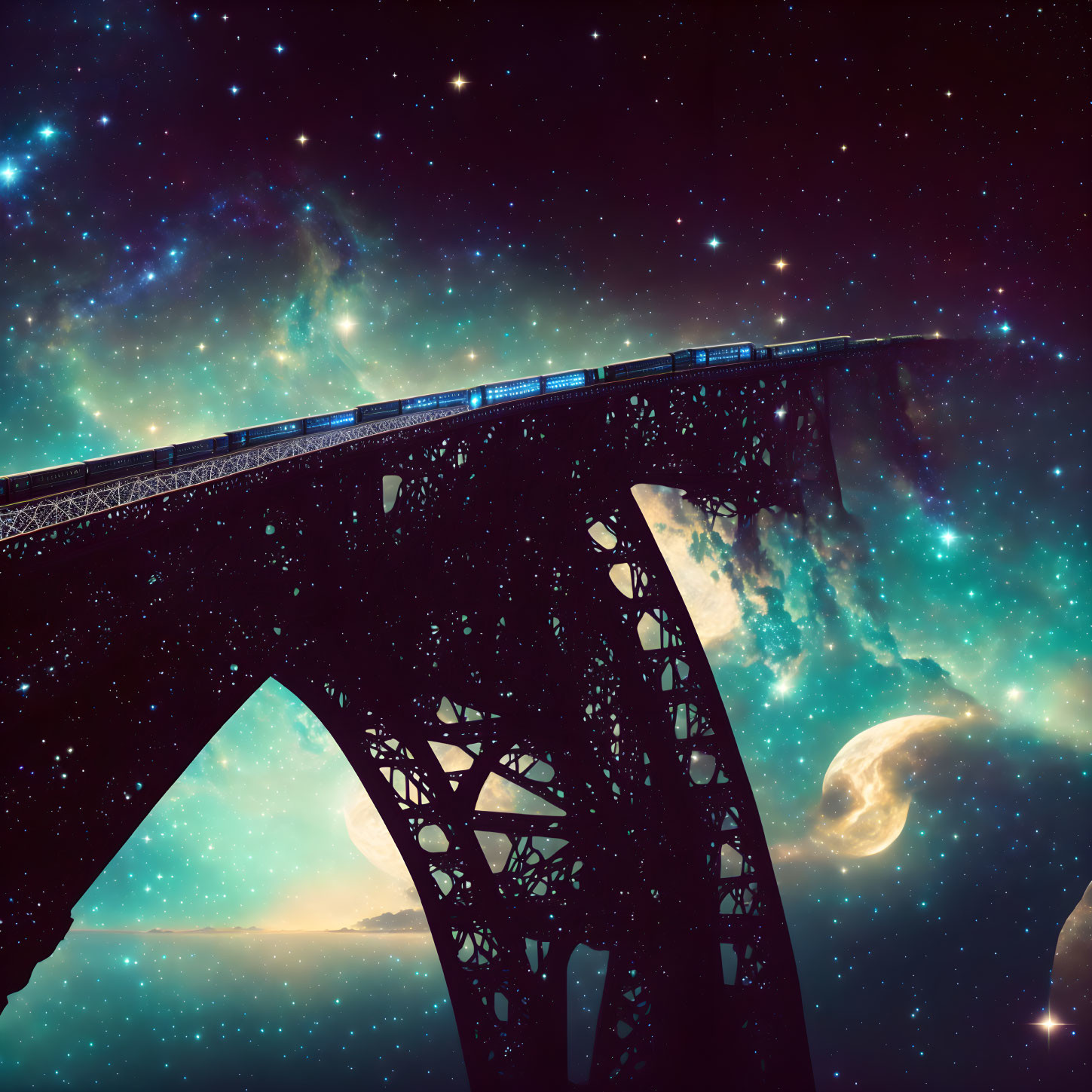 Fantastical image of train crossing arched bridge in cosmic setting