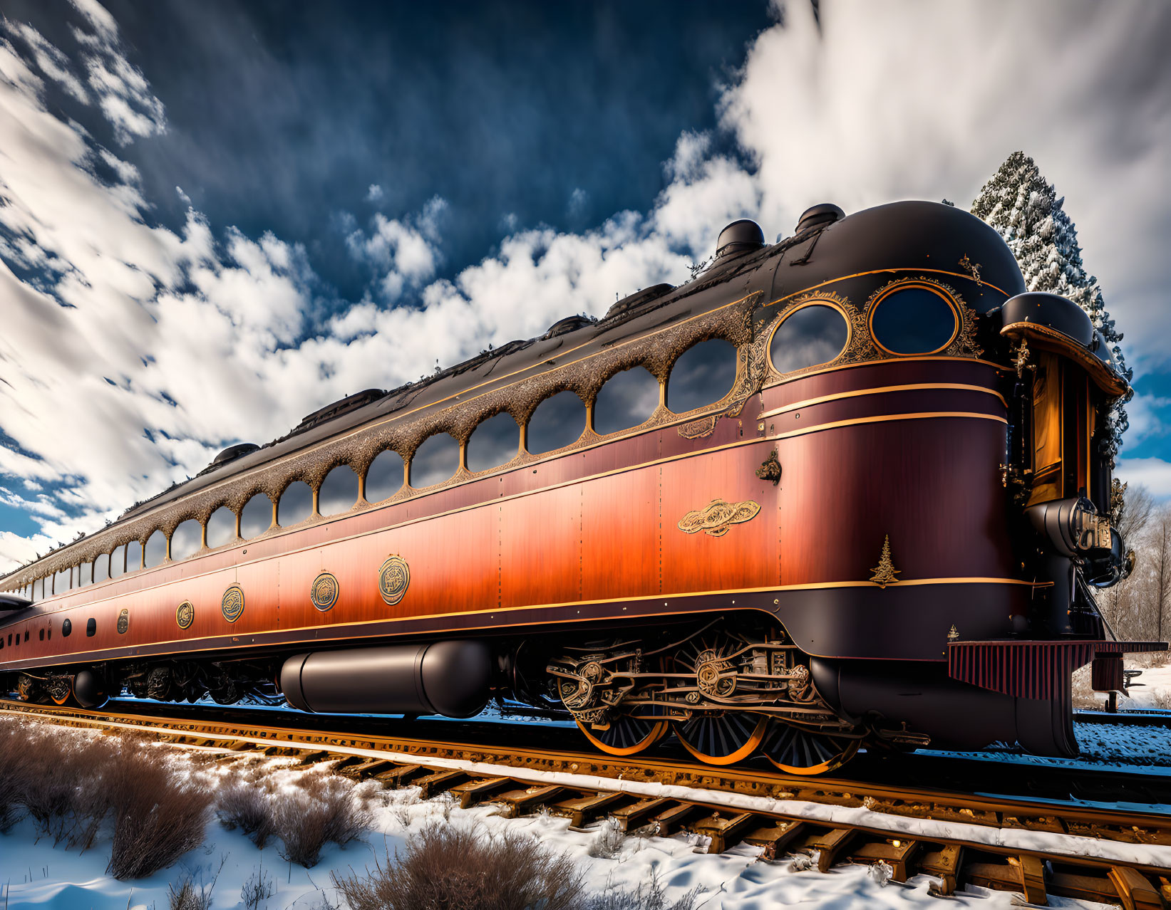 Streamlined Vintage Train on Tracks Amid Snow-covered Trees