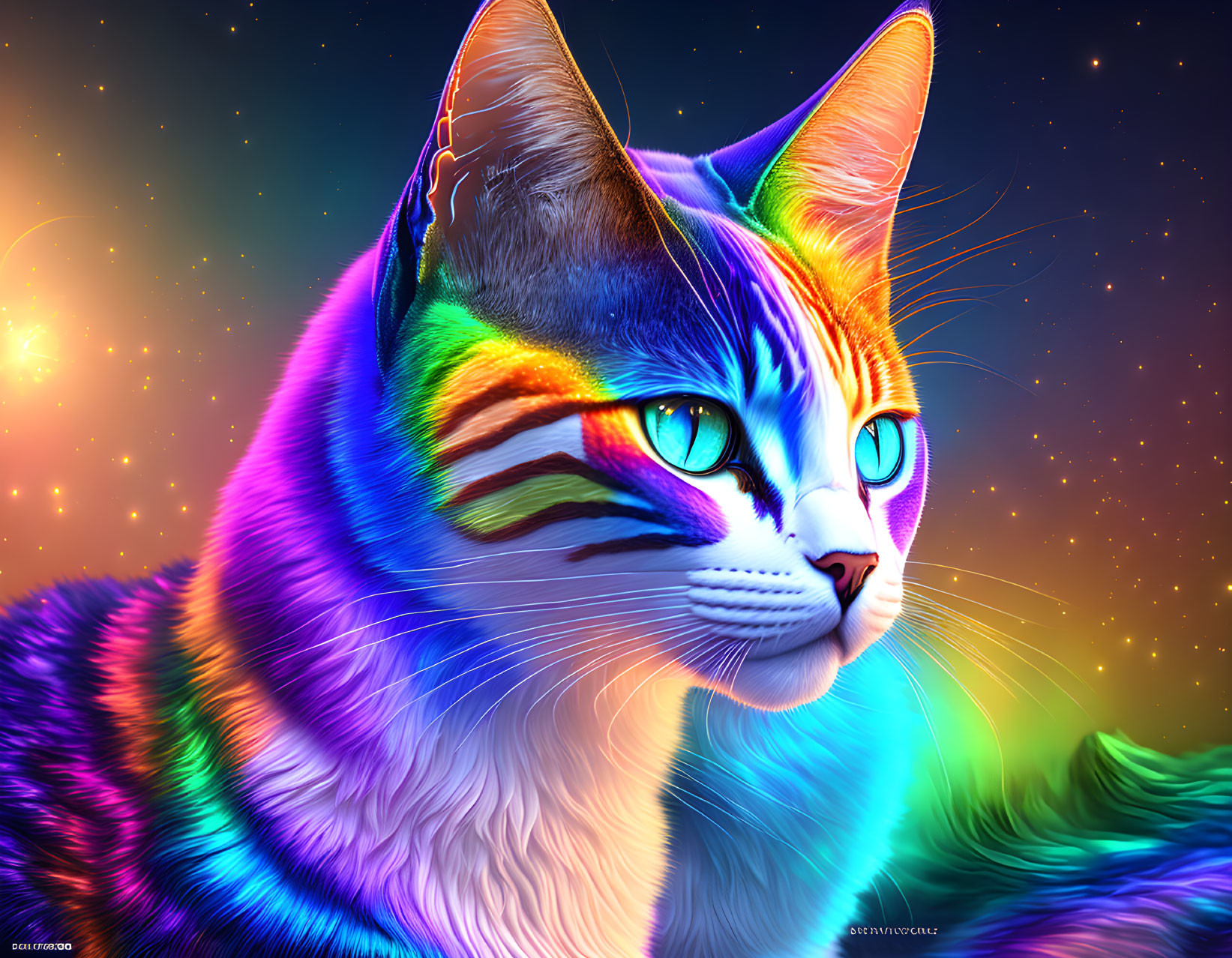 Colorful Cat with Neon Fur in Cosmic Background