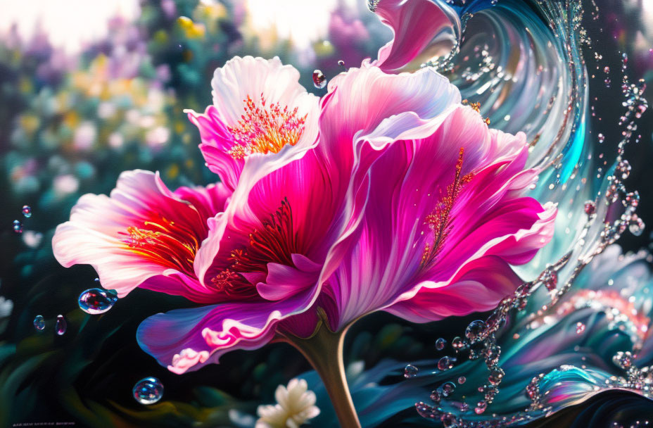 Vibrant Pink Flowers with Water Droplets in Colorful Composition