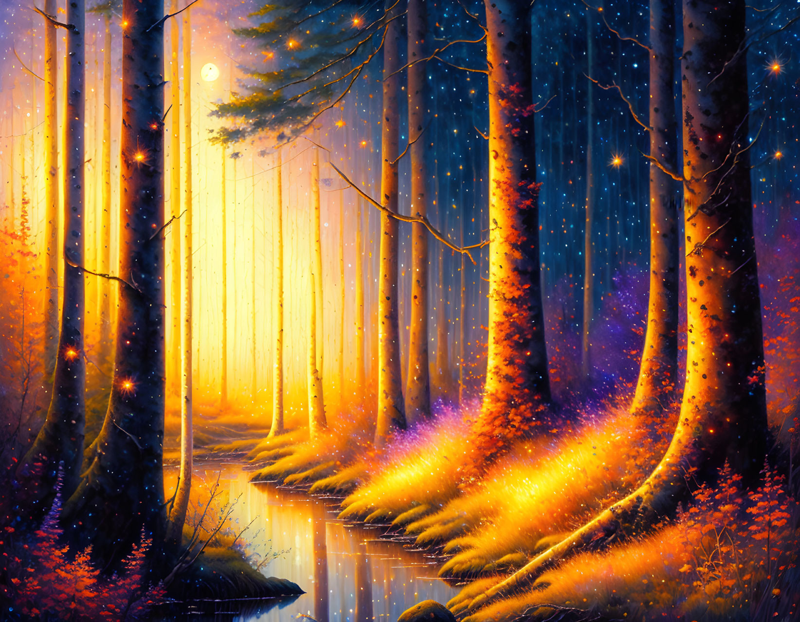 Enchanting forest scene with tall trees and glowing sunset hues