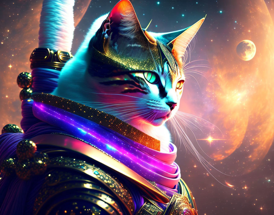 Majestic cat in futuristic armor with galaxy cloak in cosmic setting