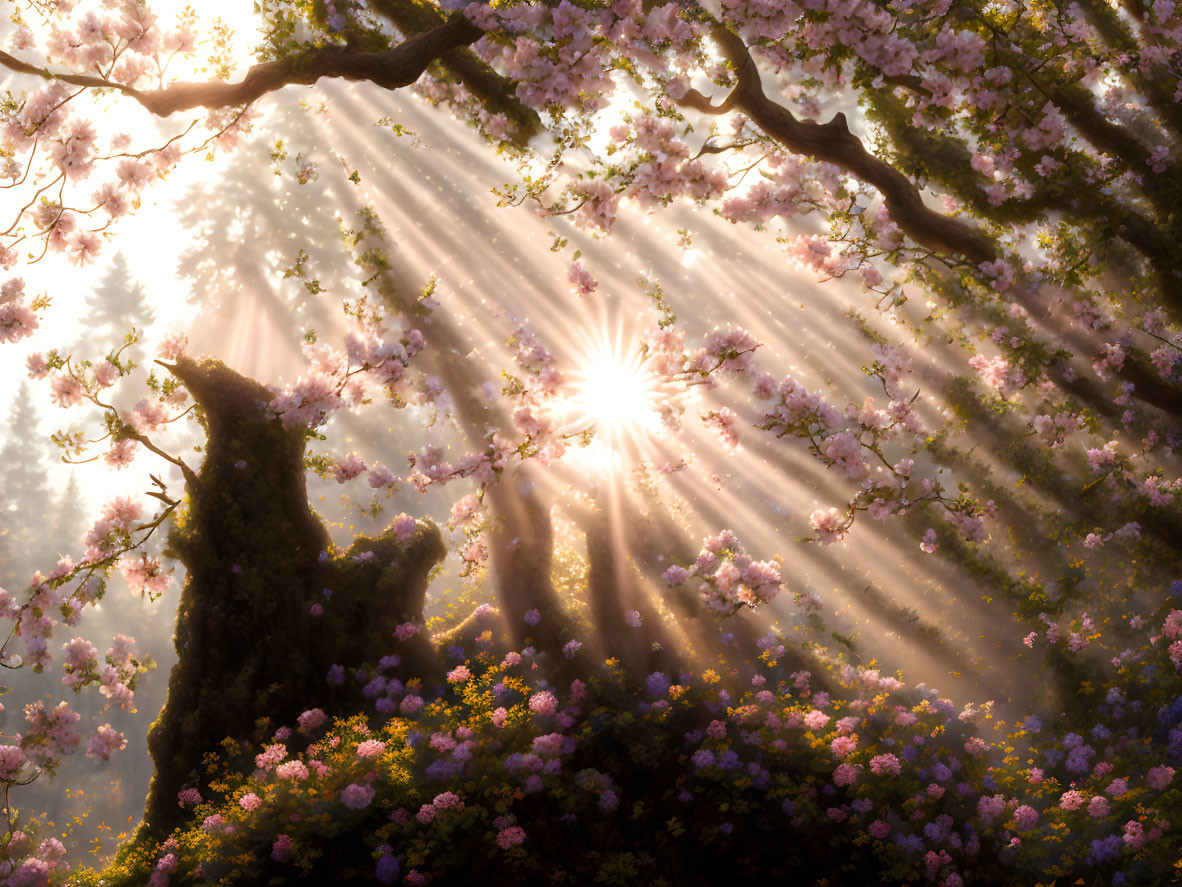 Sunbeams filtering through cherry blossoms in a magical scene of ethereal light.