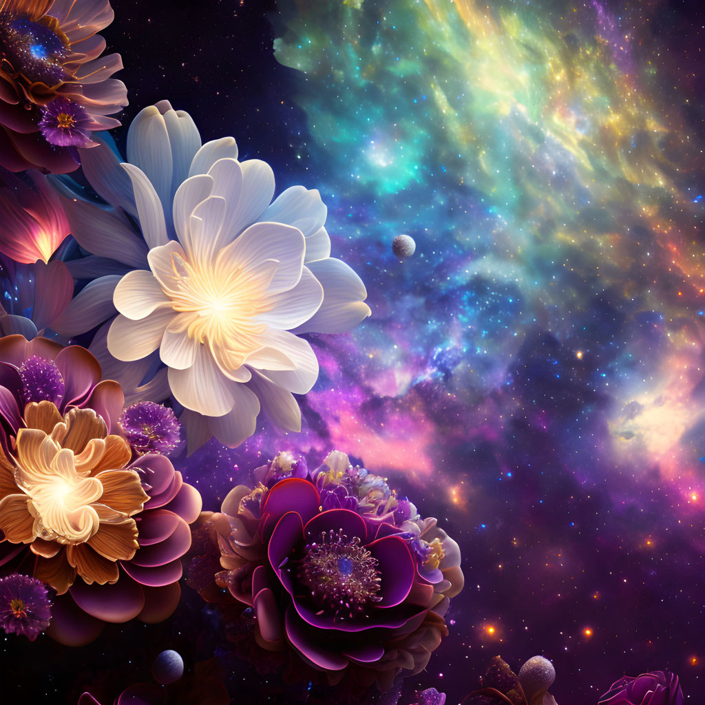 Lush flowers against vibrant cosmic scene