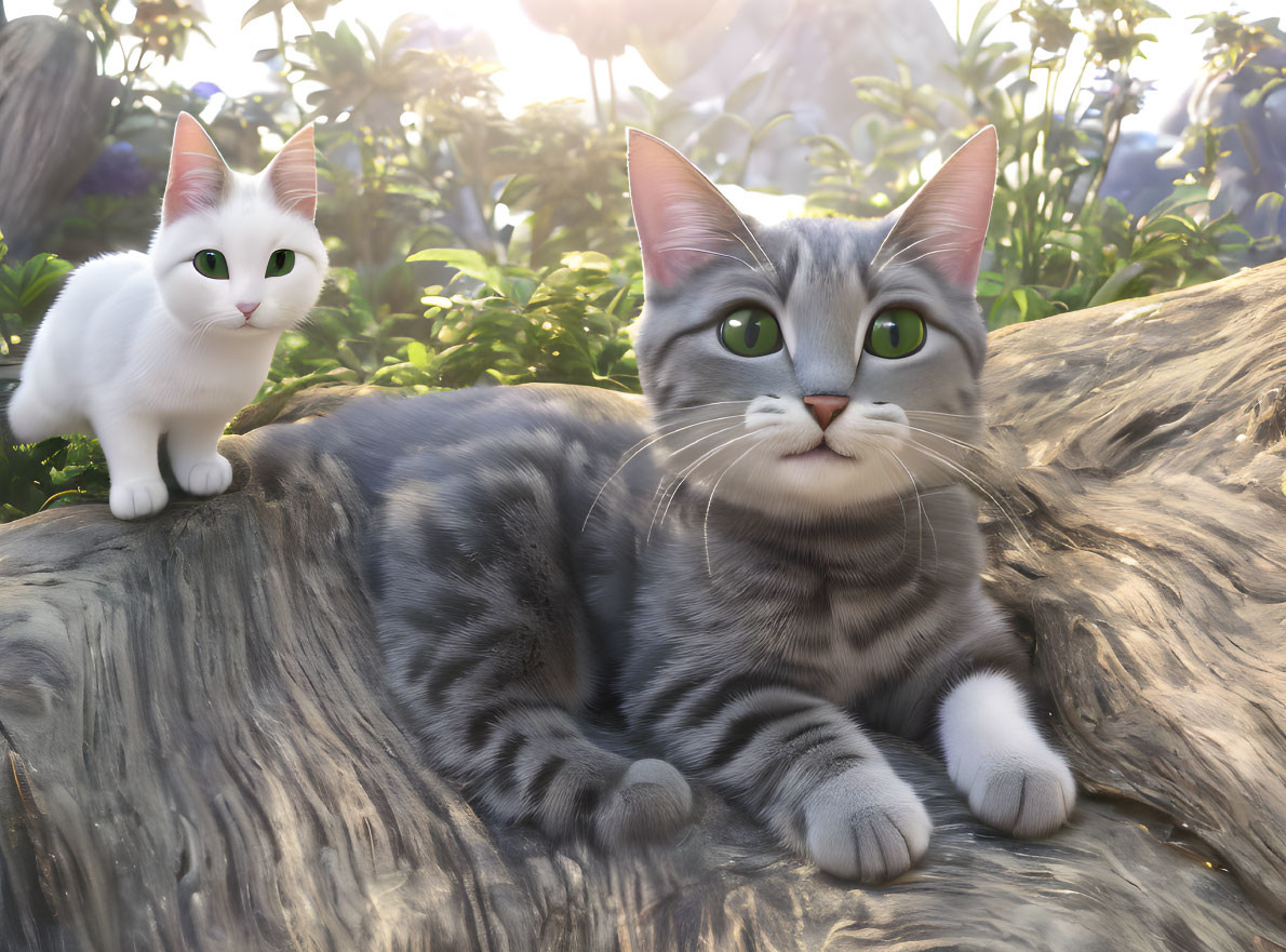 Realistic animated cats on log in sunlit forest.