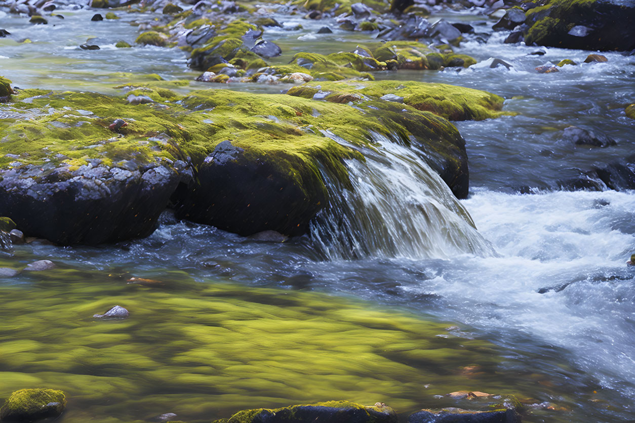 Stream with Moss-Covered Rocks and Cascading Water