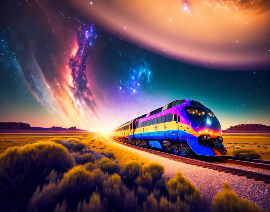 Colorful train travels through surreal starry landscape with bright light ahead